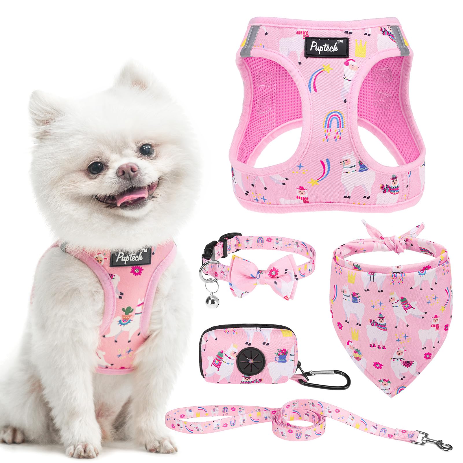 Pupteck Adjustable Dog Harness Collar And Leash Set, Step In No Pull Pet Harness For Small Medium Dogs Puppy Cats Outdoor Walking, Soft Mesh Padded Reflective Vest Harnesses, Light Pink Alpaca, M