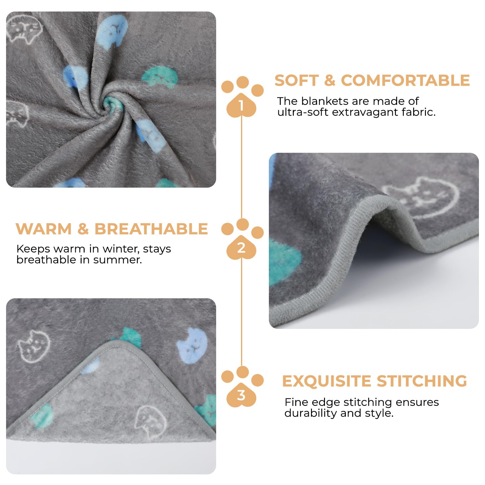 1 Pack 3 Blankets Super Soft Fluffy Premium Cute Cat Pattern Pet Blanket Flannel Throw for Dog Puppy Kitten Blue/Cyan/Grey Mediu