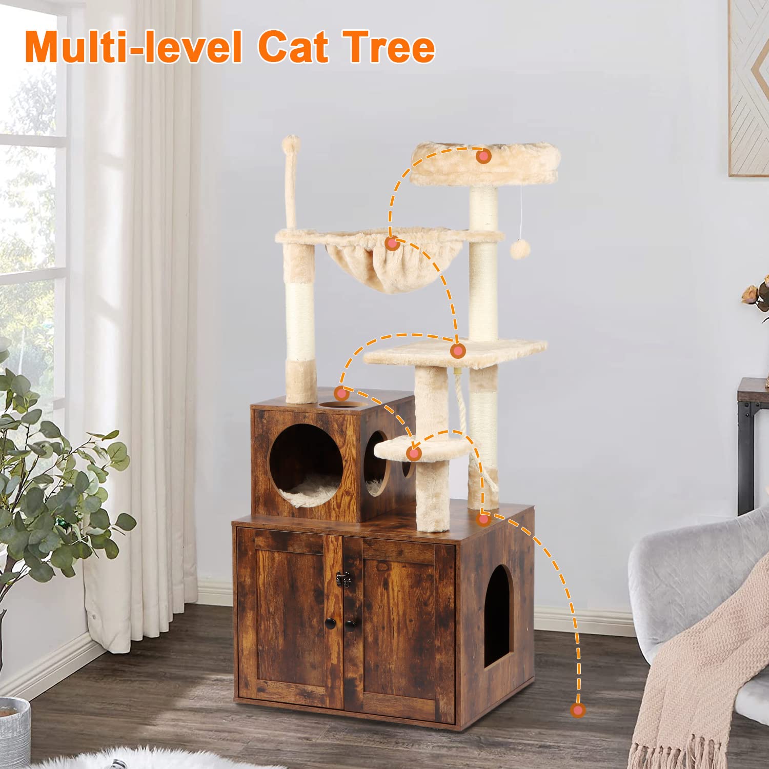 Timberer Cat Tree with Litter Box Enclosure, 54"H Wood Condo, Rustic Brown, Model 1724RB, 2-in-1 Indoor Cat Tower with Scratching Posts