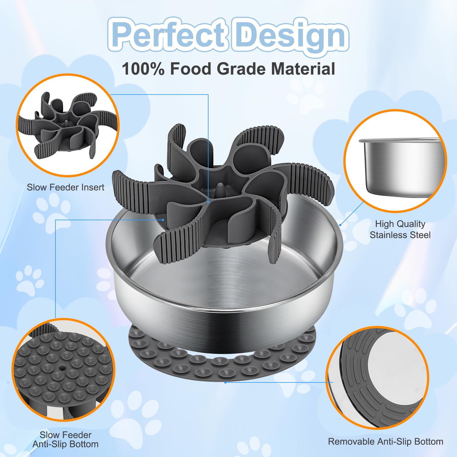 2-In-1 Slow Feeder Dog Bowls, Stainless Steel Pet Bowls With Silicone Feeder Insert, Removable Non-Slip Rubber Base For Dogs To
