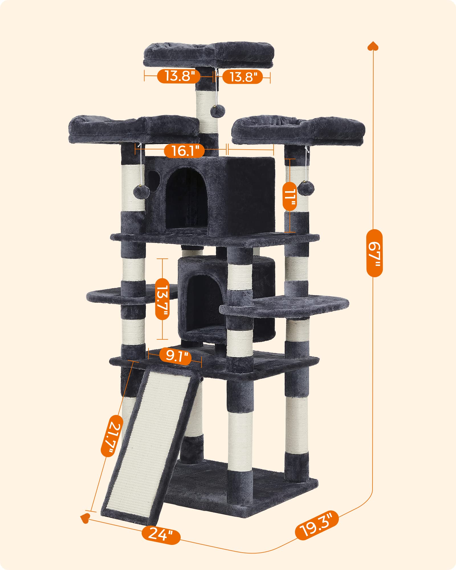 Feandrea 67-Inch Multi-Level Cat Tree for Large Cats, Smoky Gray, XL, Model UPCT18G, Durable Particleboard & Plush Fabric