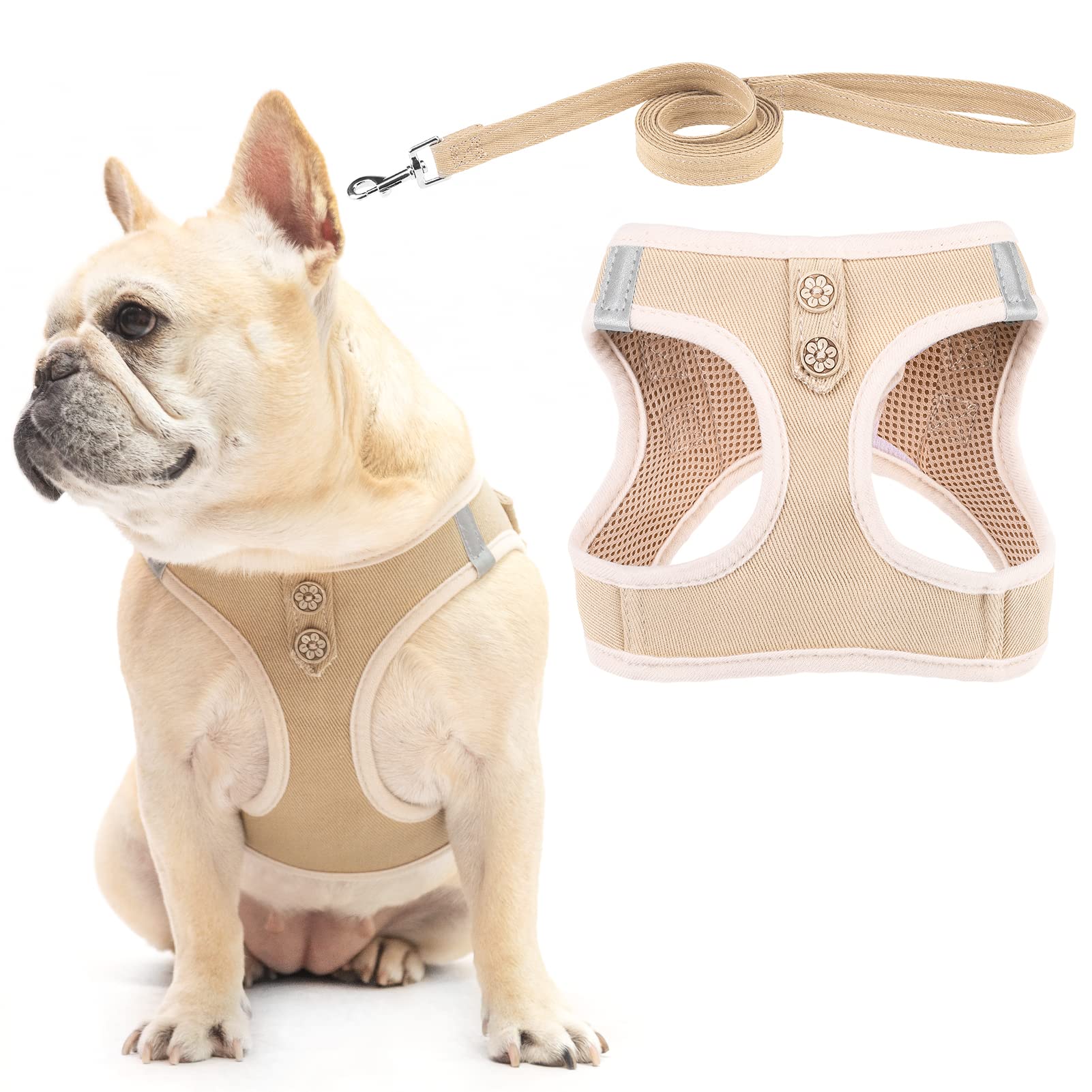Pupteck Dog Harness And Leash Set For Small Medium Dogs No Pull Step-In Soft Mesh Puppy Cat Vest Harnesses Reflective At Night, Denim Beige Xs