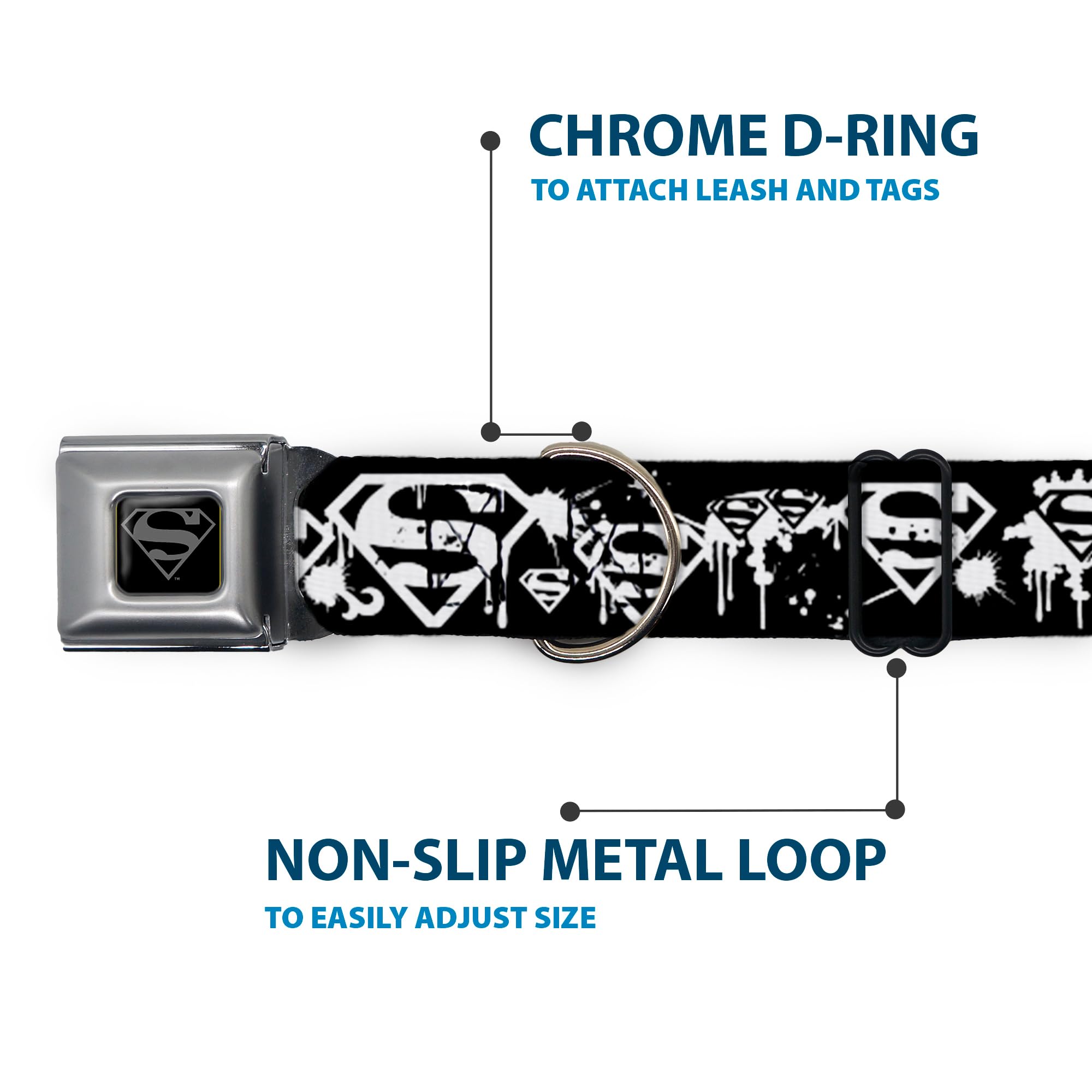 Buckle-Down Seatbelt Buckle Dog Collar - Superman Shield Splatter Black/White - 1.5' Wide - Fits 16-23' Neck - Medium