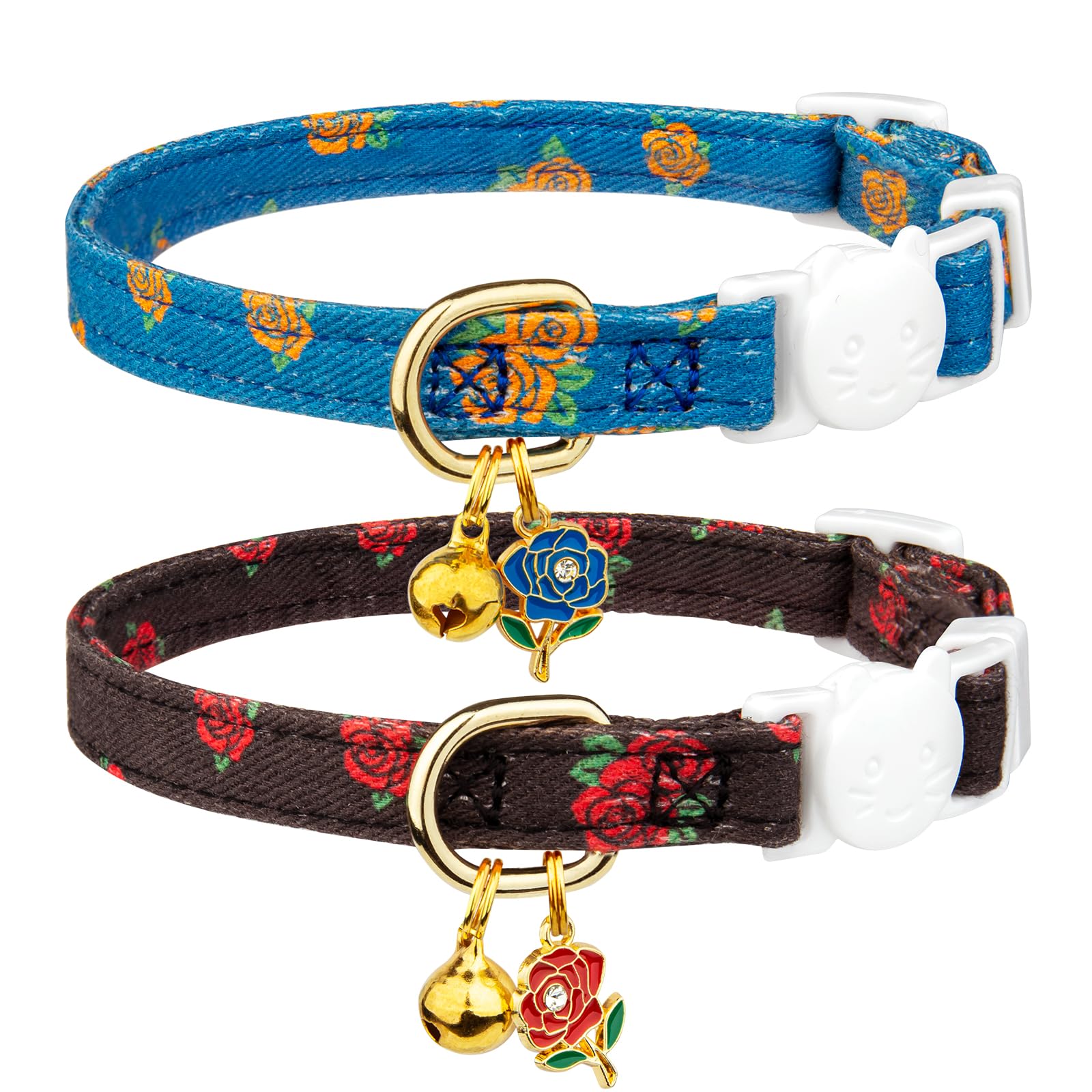 2 Pack Cotton Breakaway Cat Collar Blue And Black Rose Pendant Cute Kitten Cat Collar With Bell