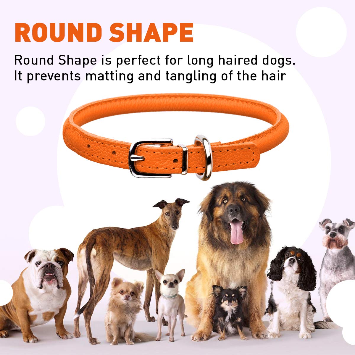 Dogline Rolled Leather Dog Collar - For Small, Medium And Large Breeds - Soft And Padded Round Luxury Design W1/2'' - L19-22, Or