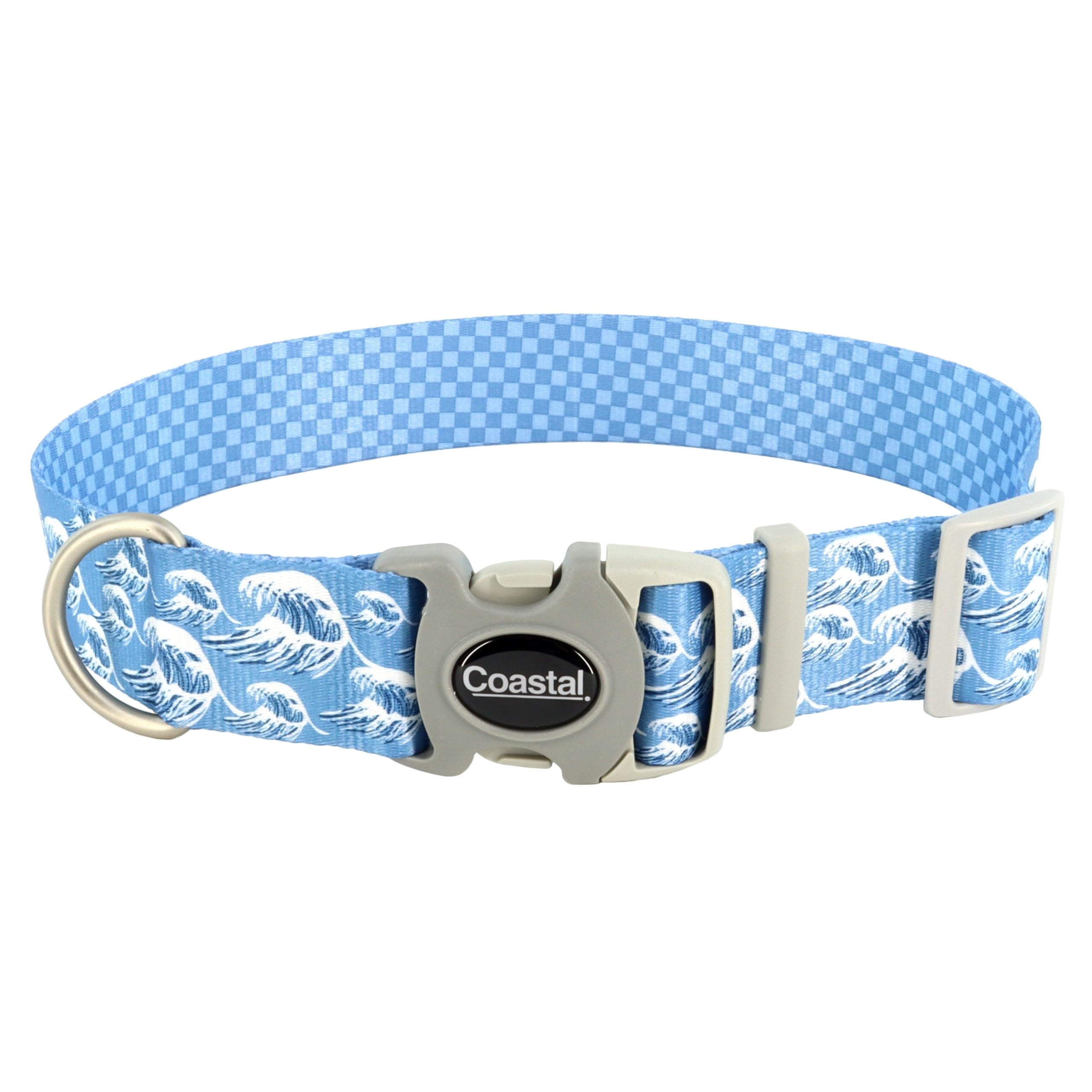 Coastal Pet Sublime Adjustable Dog Collar - Adjustable Plastic Buckle - Vibrant & Colorful Dog Collar With Fade-Resistant Patterns - Blue Waves With Blue Checkers, Large - 1 1/2' X 18'-26'