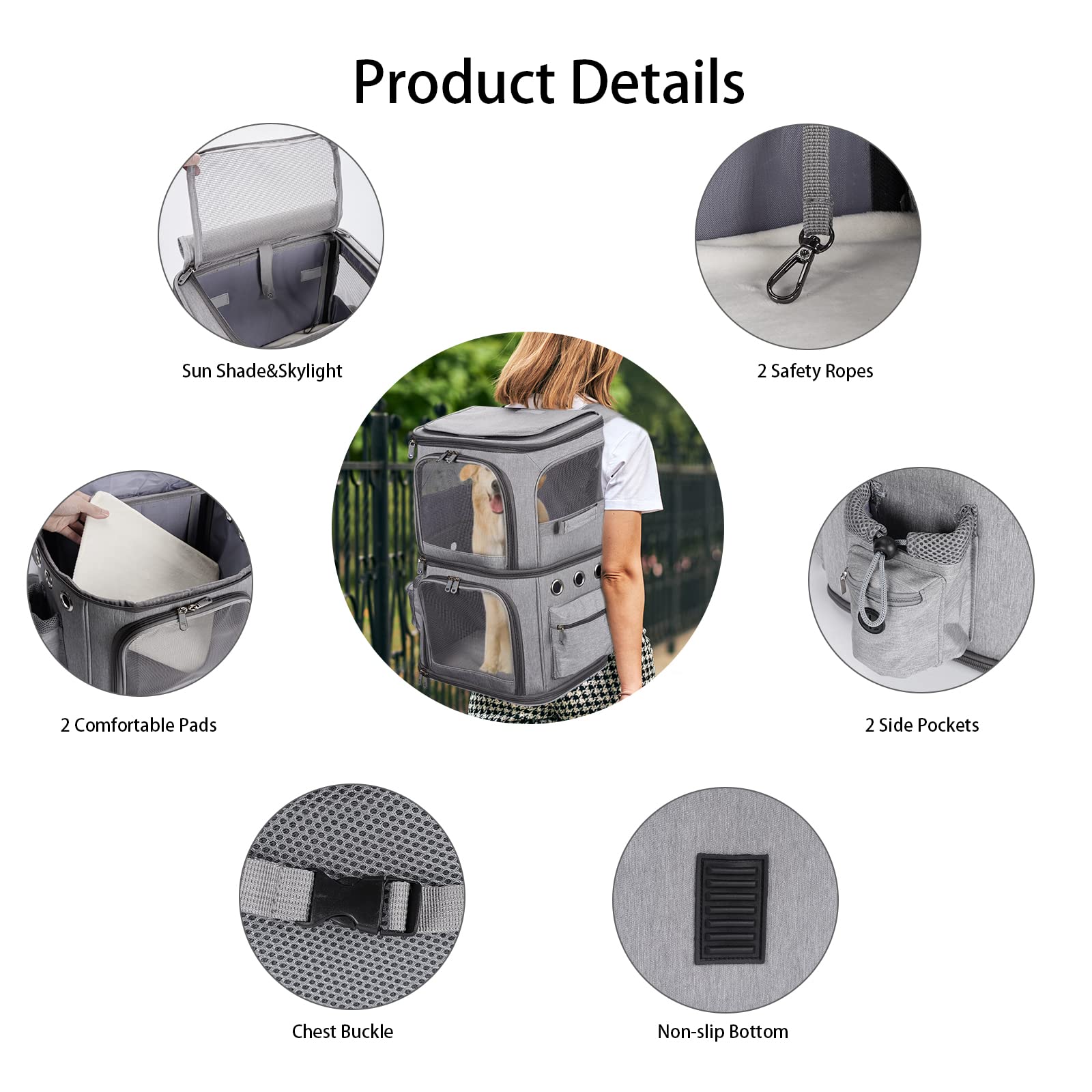 Hovono Double-Compartment Pet Carrier Backpack For Small Cats And Dogs, Cat Travel Carrier For 2 Cats, Perfect For Traveling/Hiking/Camping, Grey