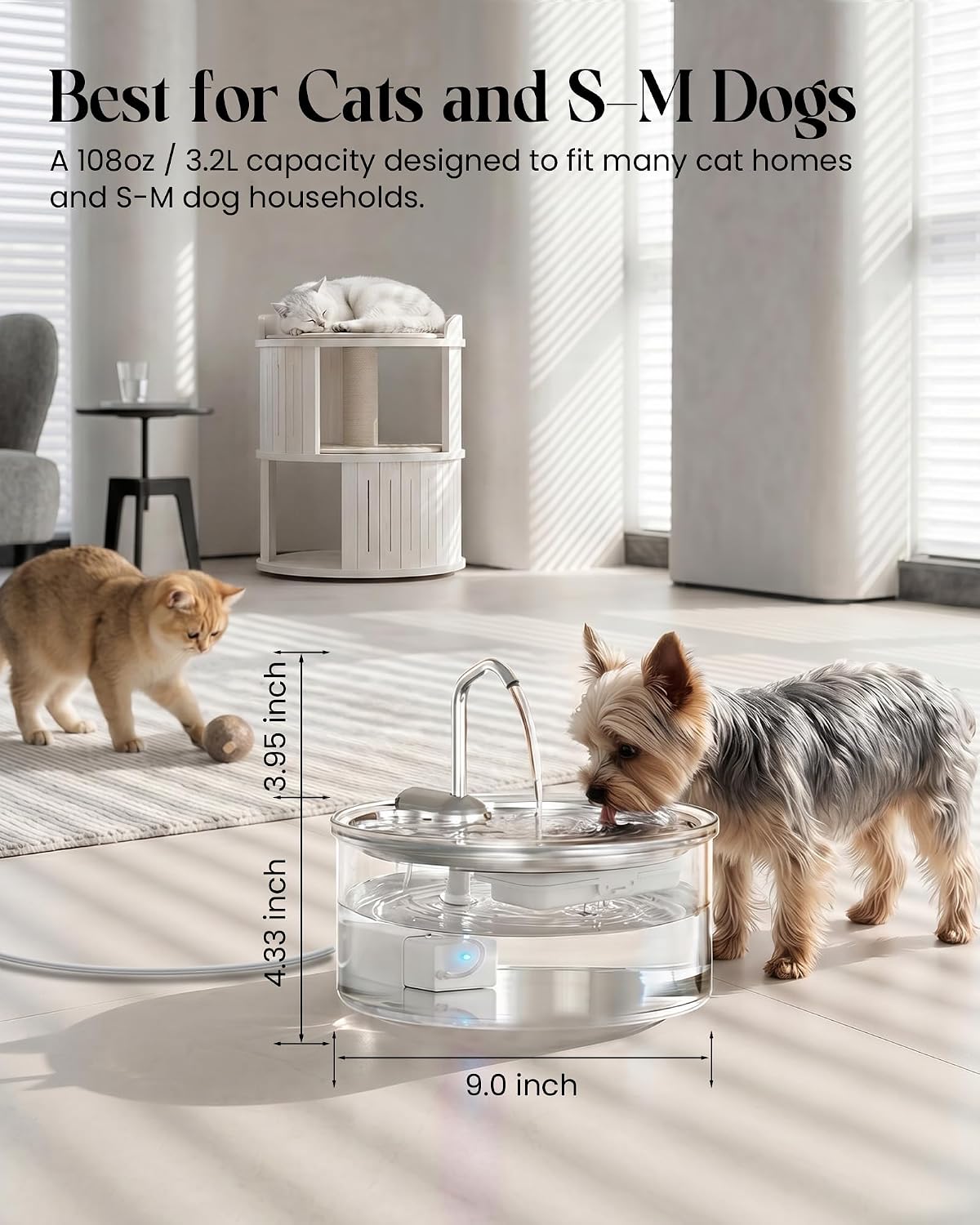 Glass Pet Water Fountain 108 oz for Cats & Small-Medium Dogs, Quiet Pump
