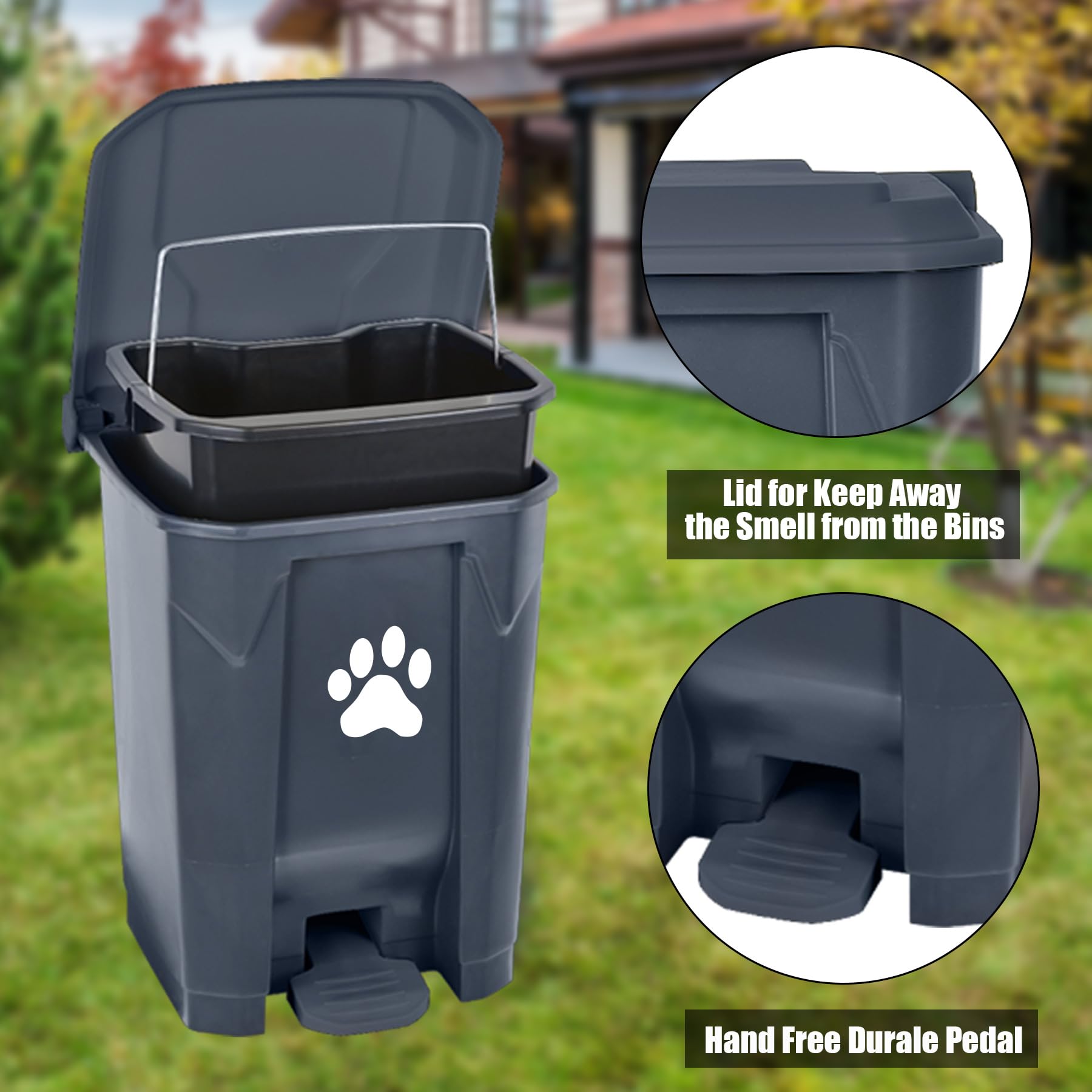 tebiete Dog Poop Trash Can - Grey Plastic Waste Station with Lid, Hands-Free Pedal, 1Pack