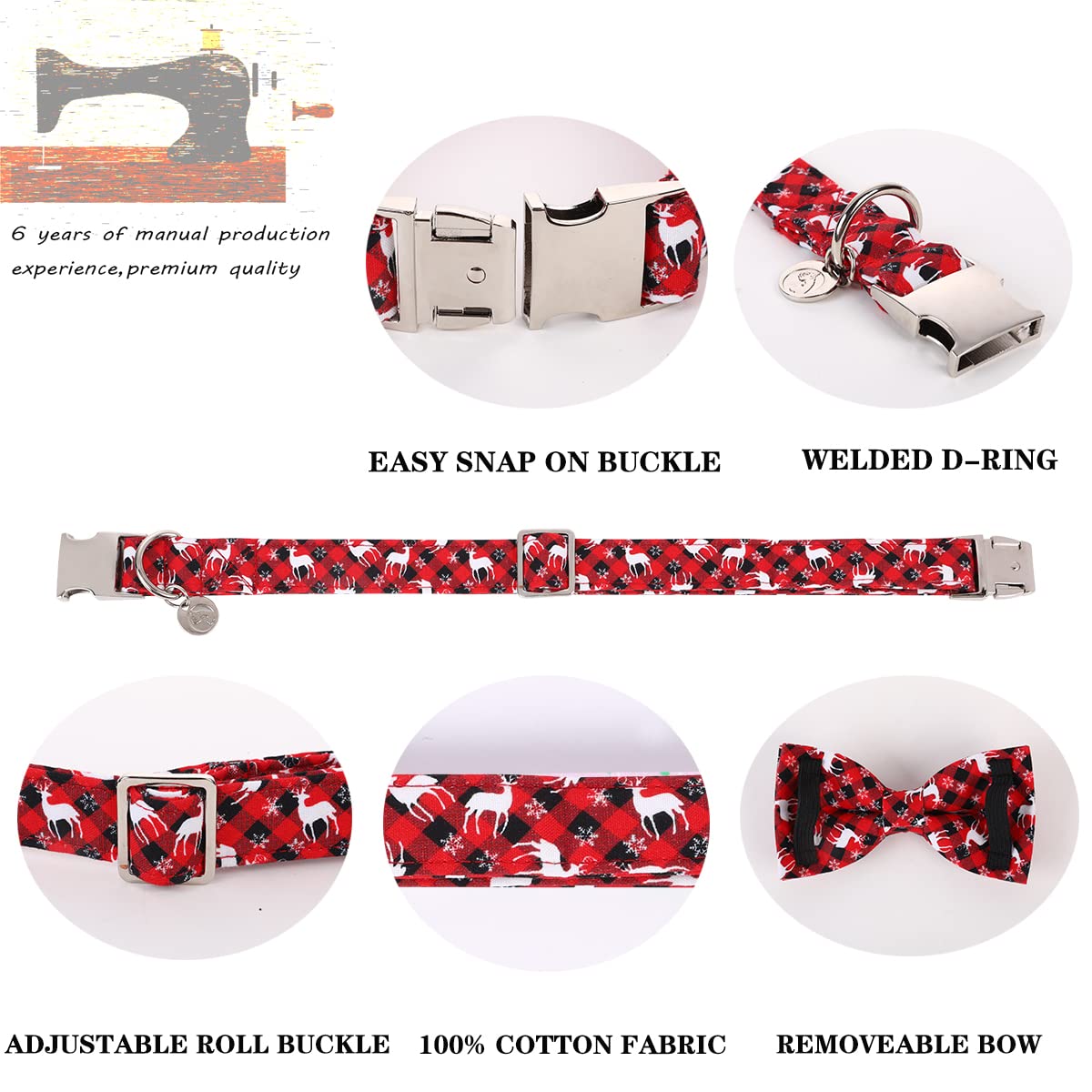 Dogwong Christmas Dog Collar With Bow Tie, Red Plaid Deer Dog Collar Soft Durable Adjustable Cotton Puppy Collar For Small Mediu
