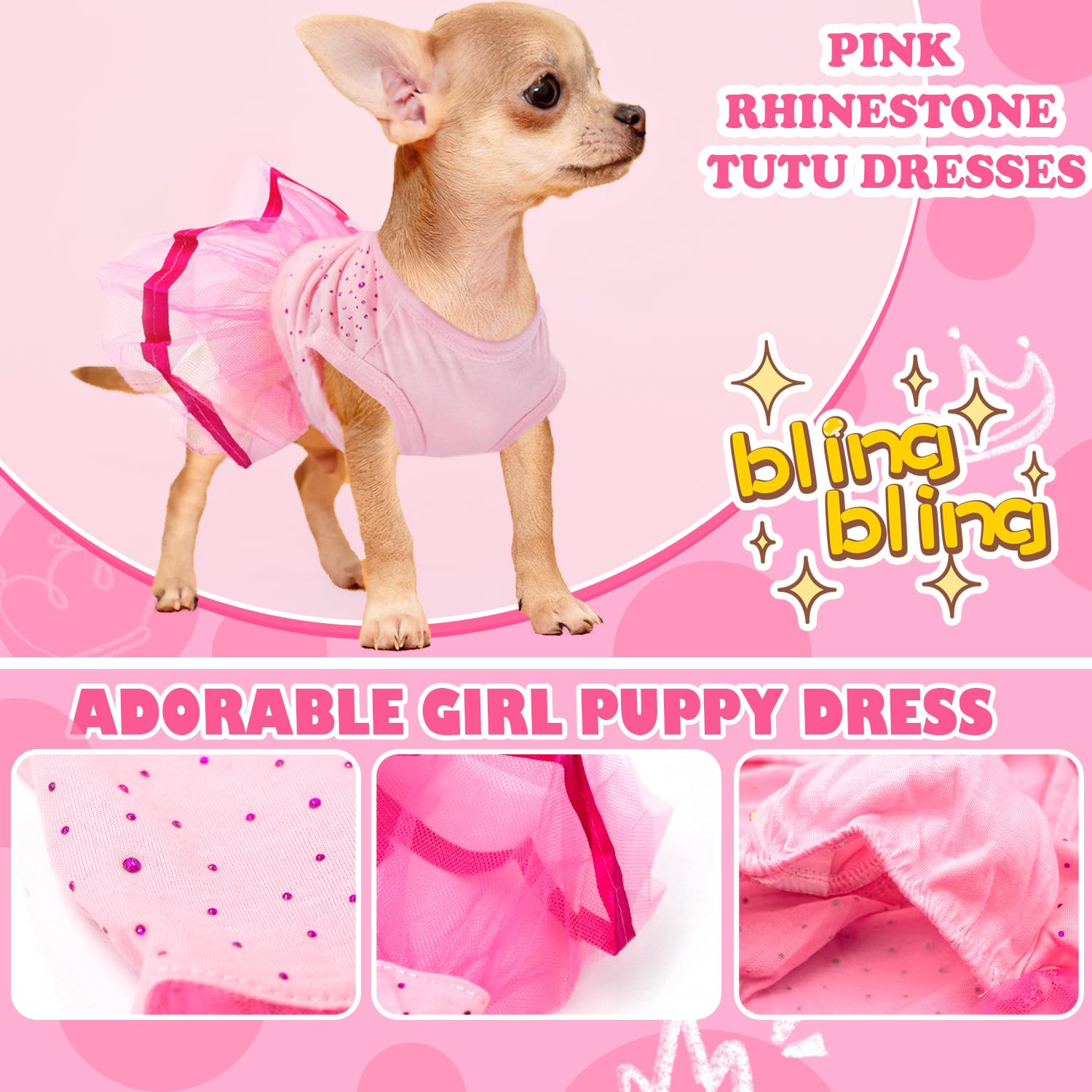2 Pieces Dog Dress With Bling Rhinestones Cute Princess Puppy Clothes For Small Dog Girls Female Doggie Pet Dress Tutu Outfit Fo