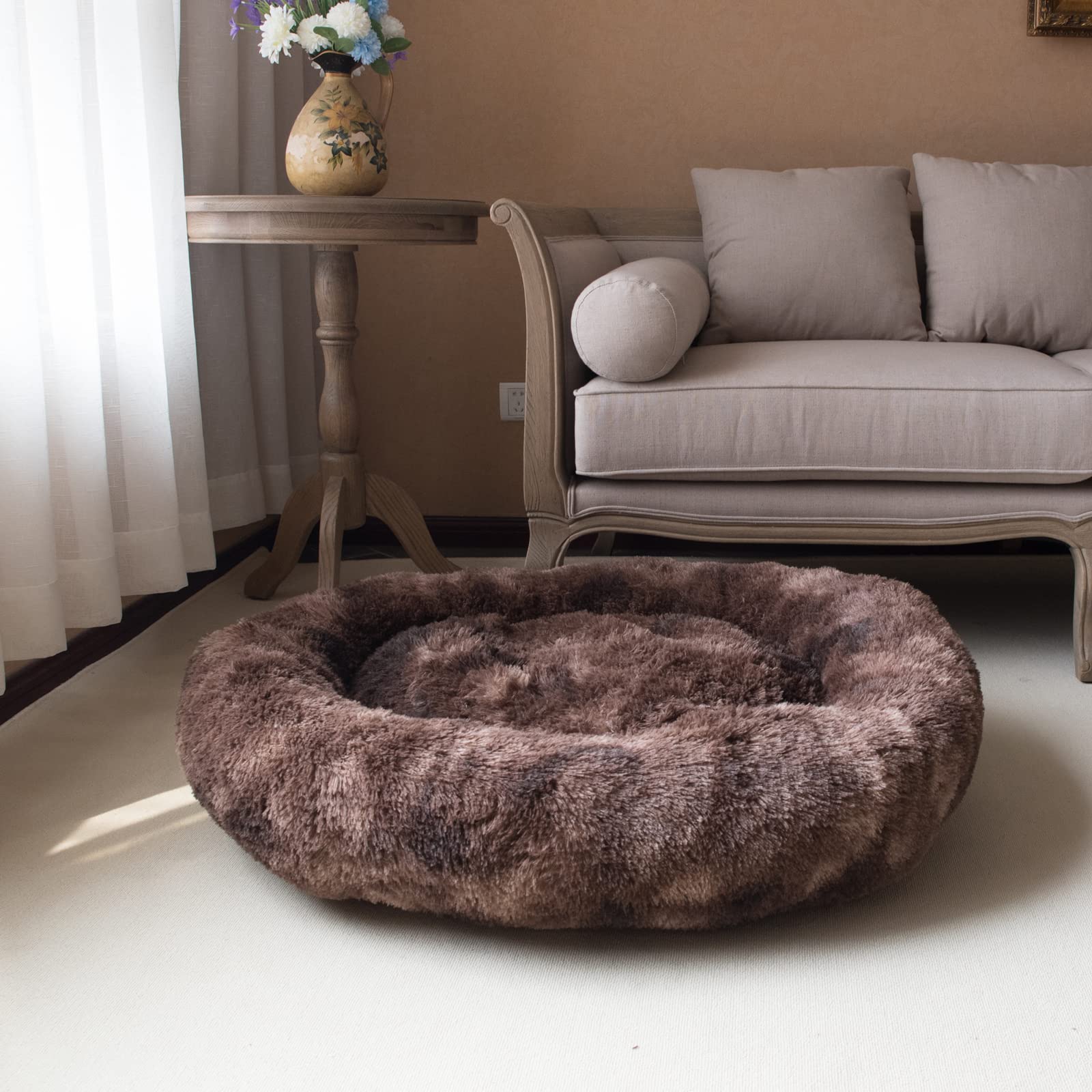 Oval Calming Donut Cuddler Dog Bed,Shag Faux Fur Cat Bed Washable Round Pillow Pet Bed(30''/36''/43'') For Small Medium Dogs (Xl