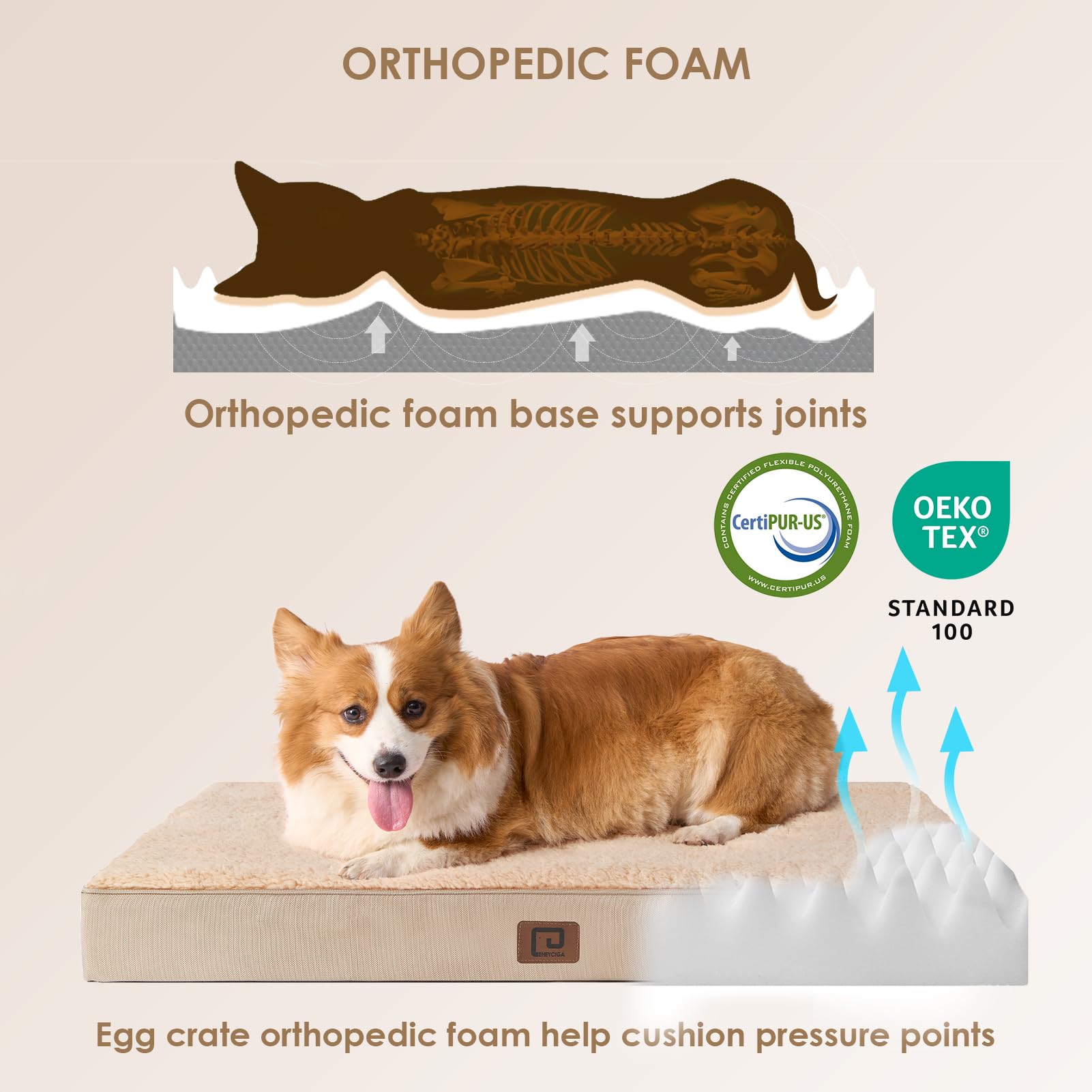 Eheyciga Orthopedic Dog Beds For Large Dogs With Removable Washable Cover For Crate, Khaki, 35X23