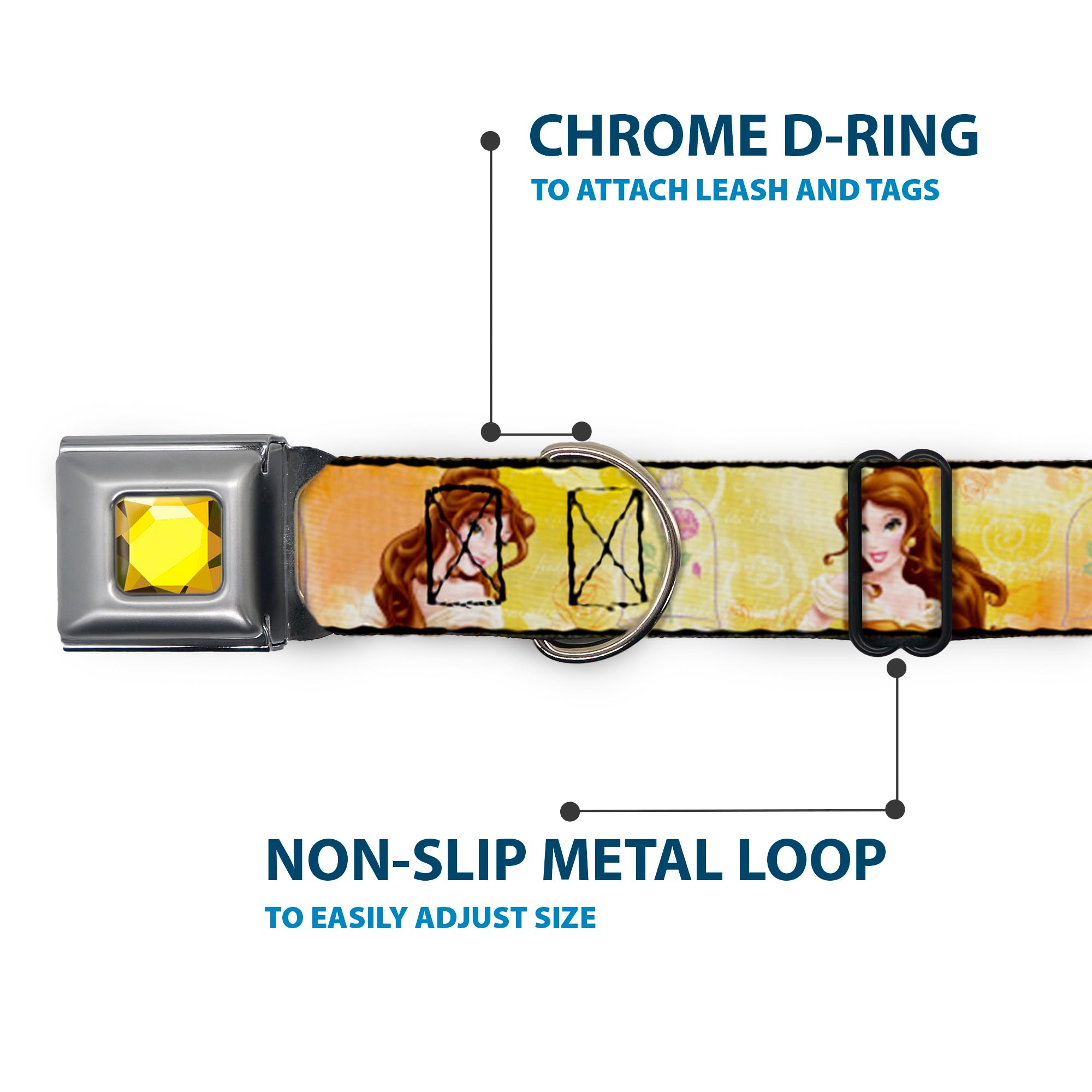 Buckle-Down Seatbelt Buckle Dog Collar - Belle Poses/Enchanted Rose/Story Script Yellow/Pinks - 1.5' Wide - Fits 13-18' Neck -