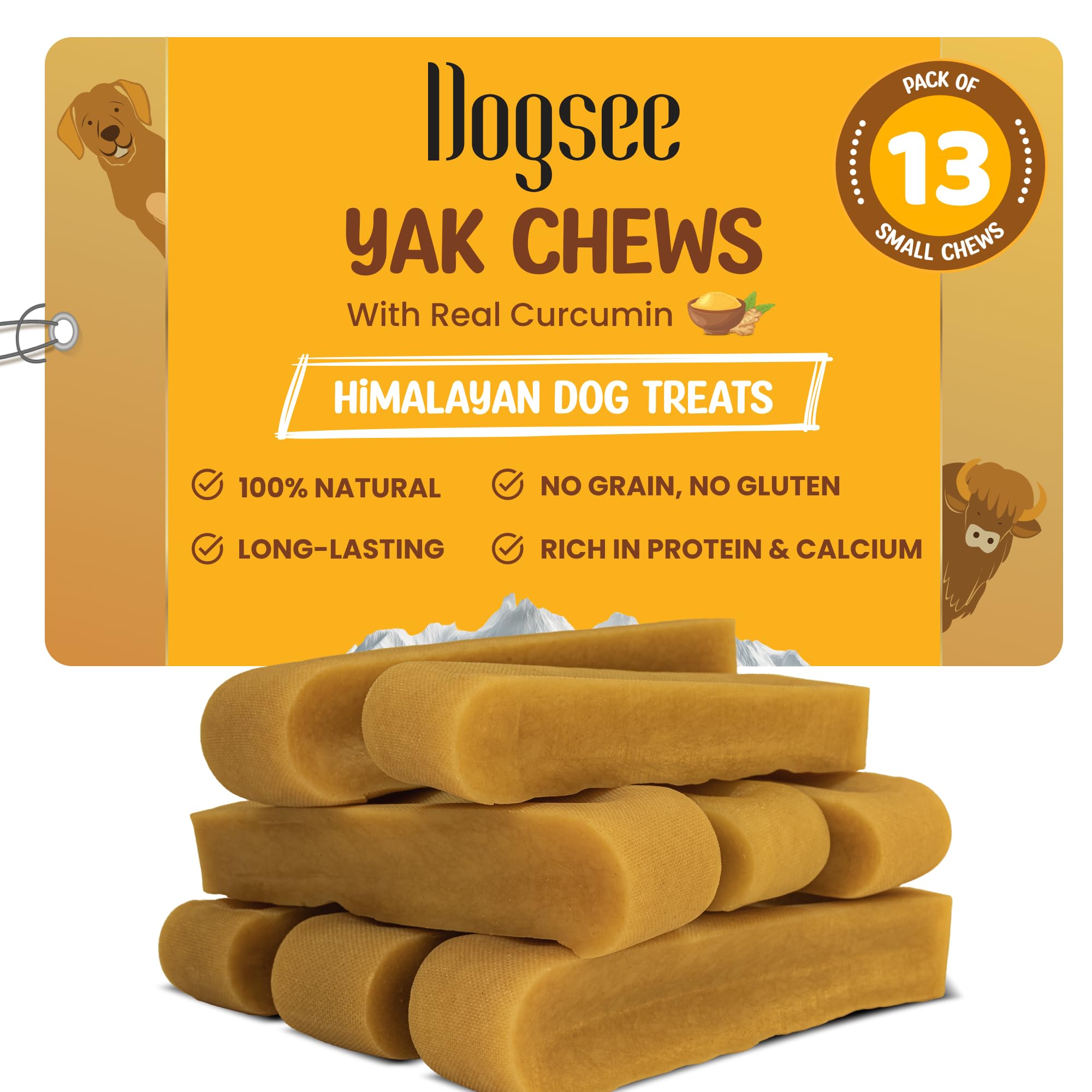 Dogsee Himalayan Yak Cheese with Turmeric 1lb (Small - 13 Pieces) | Rawhide-Free Treats for Small Dogs | Supports Joint Health |