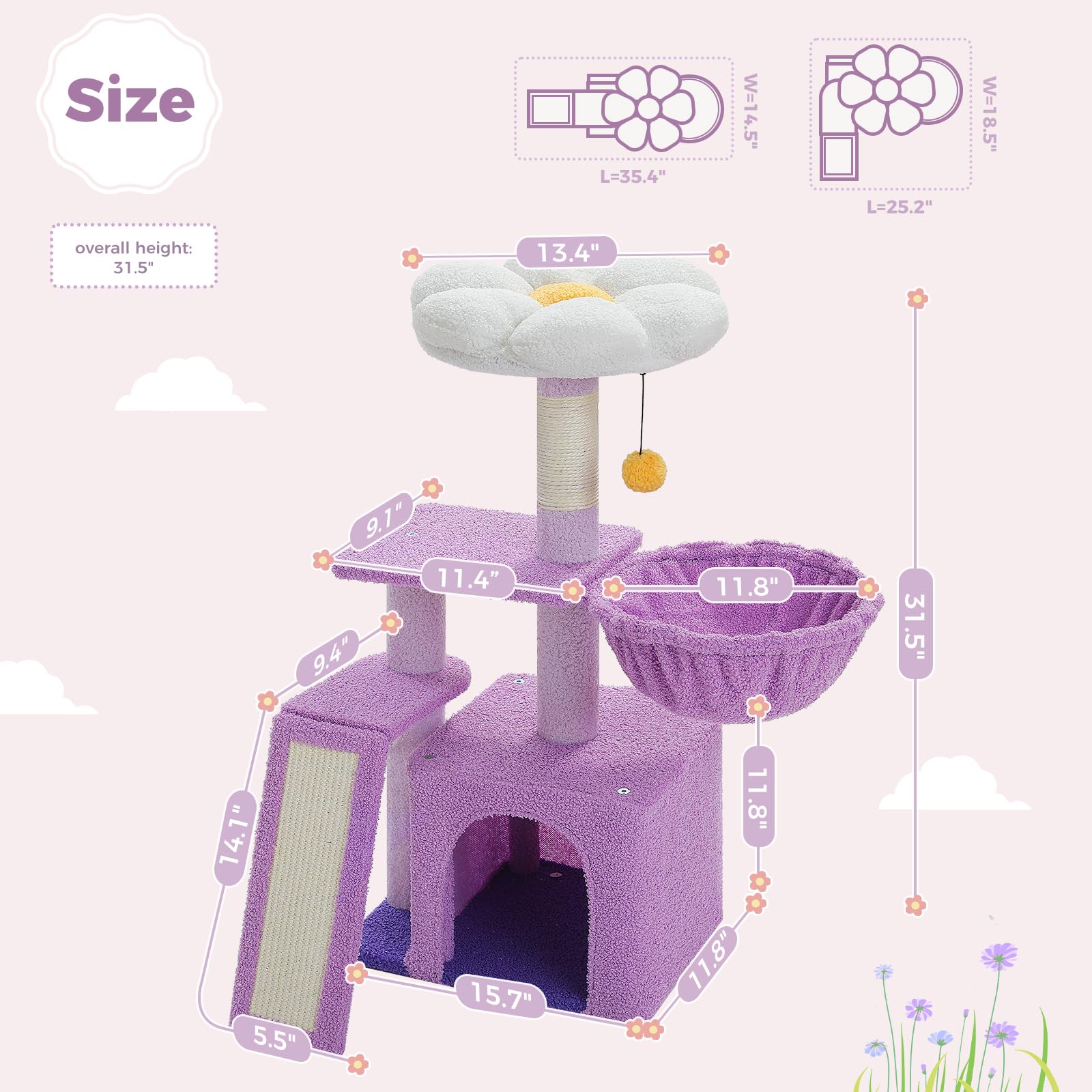 Petepela Flower Cat Tree For Indoor Cats, 32'' Small Cat Tower Cat Condo With Sisal Scratching Ramp, Cozy Hammock And Removable