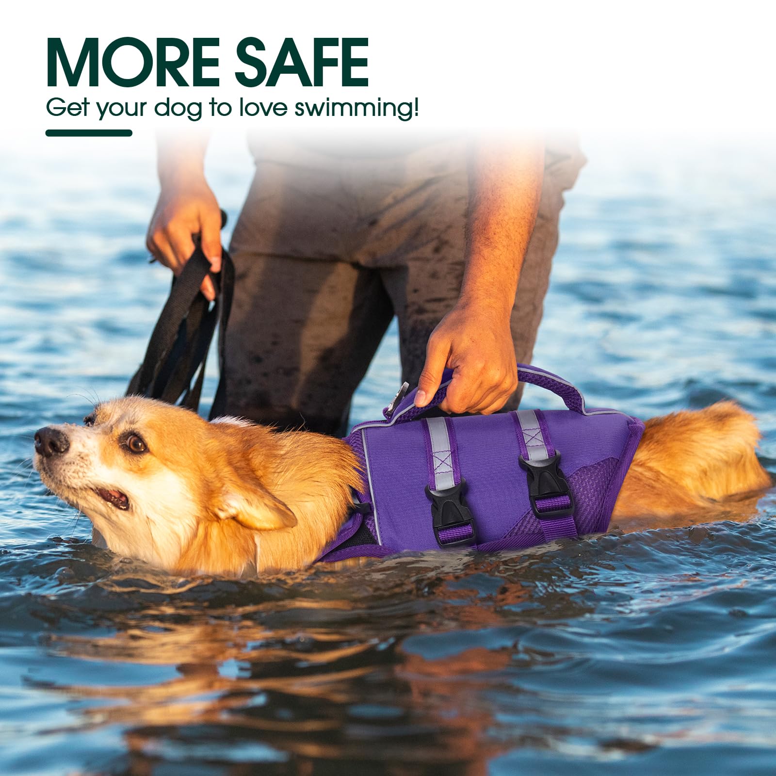 Kuoser Dog Life Jacket - High Flotation Vest for Swimming, Large Size, Purple, Durable Ripstop Oxford & Nylon, Reflective Safety Handle