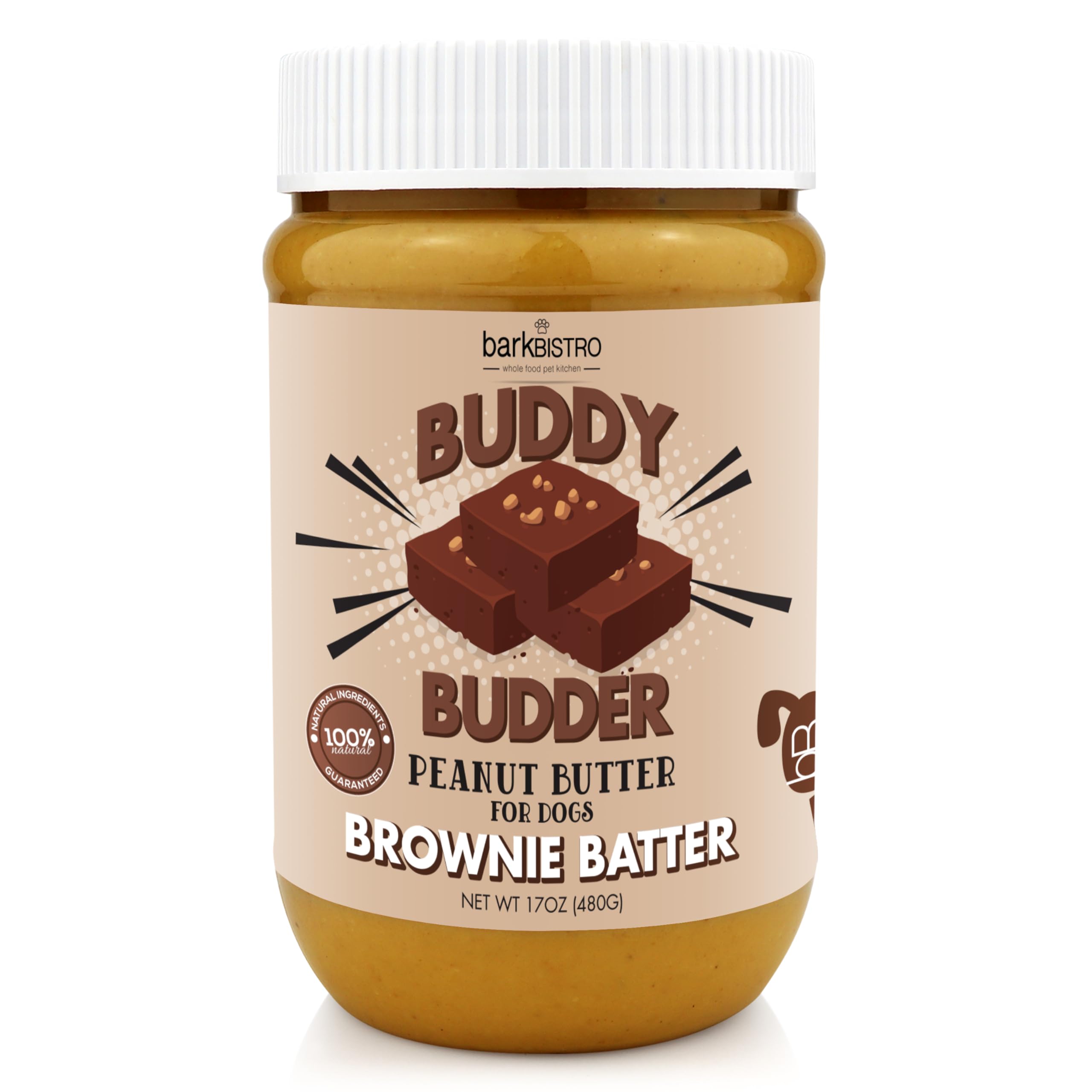 BUDDY BUDDER Brownie Batter, 100% Natural Peanut Butter, Healthy Dog Treats, Stuff in Toy, Pill Pocket, Made in USA, 17 oz Jars