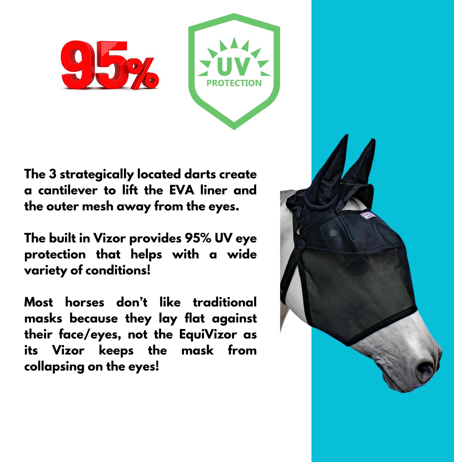 EquiVizor 95% UV Eye Protection (Size Mini) Horse Fly Mask with Ears. Designed to Stay On Your Horse, Off The Ground.