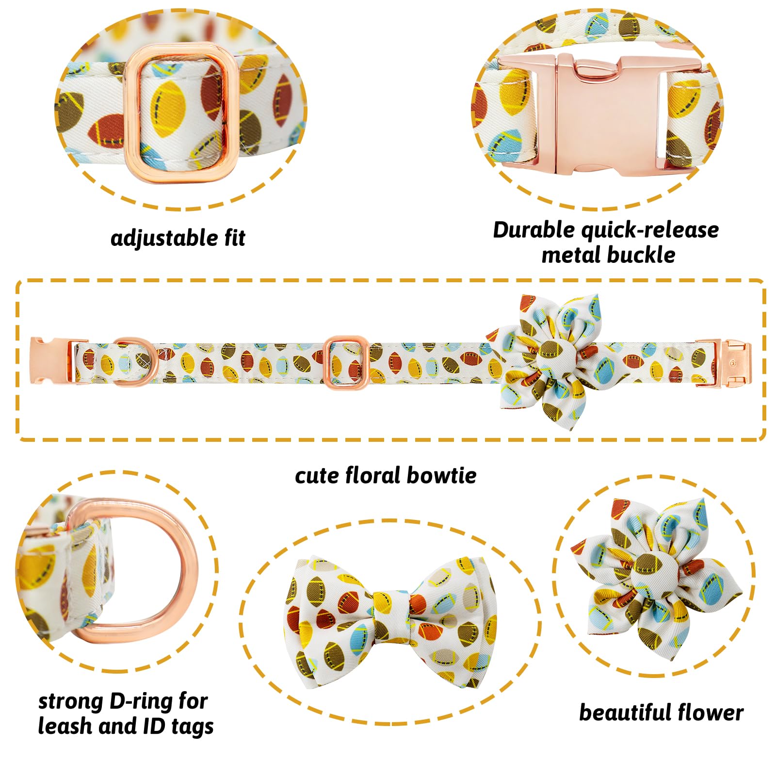 HSIGIO Dog Collar and Leash Set Girls Adjustable Puppy Collars with Floral Bow Tie for Small Medium Large Female Dogs, Rugby, XS