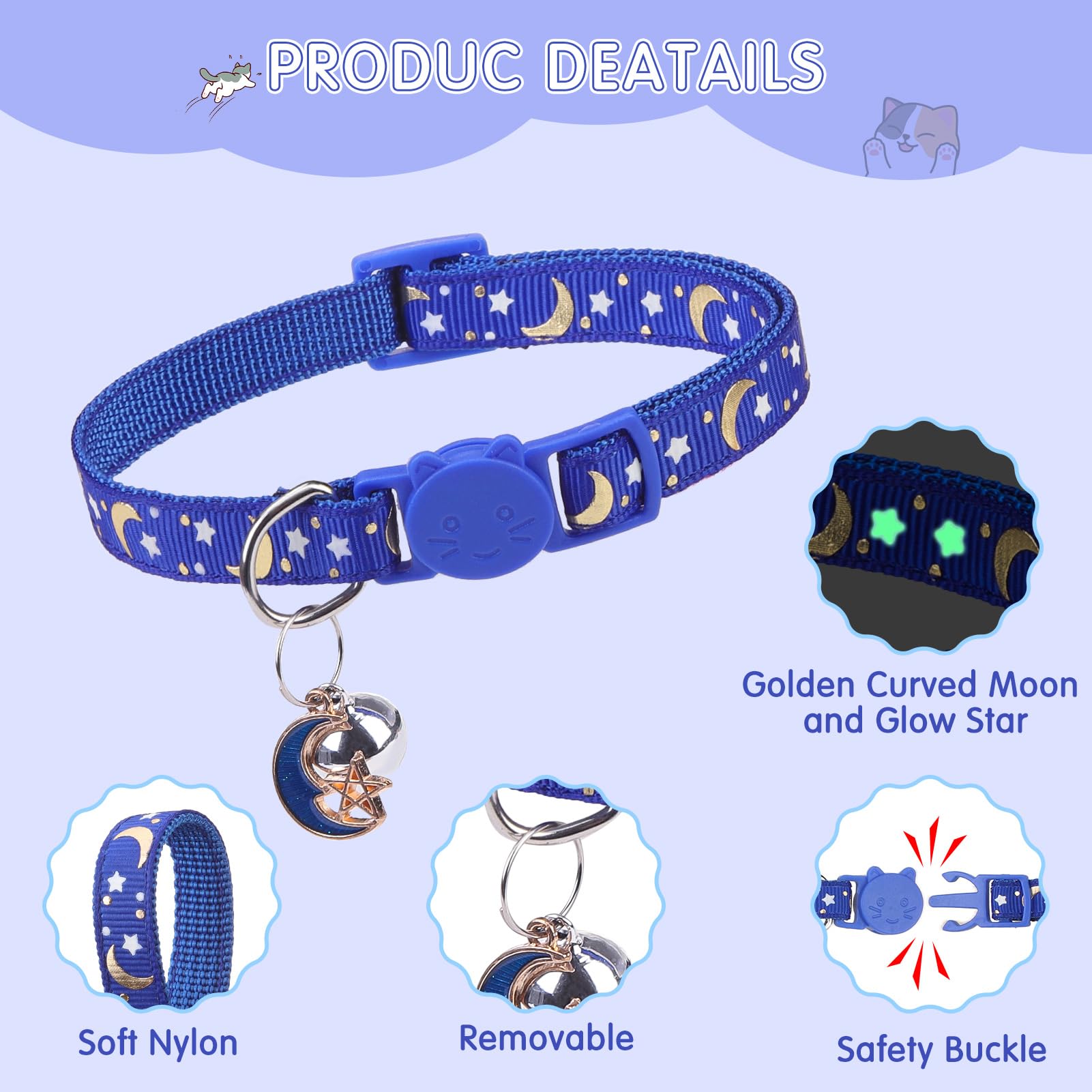 Scenereal Cat Collar With Bells, 12 Pcs Breakaway Cat Collars, Reflective Kitten Collar With Moons And Stars, Adjustable Pet Col