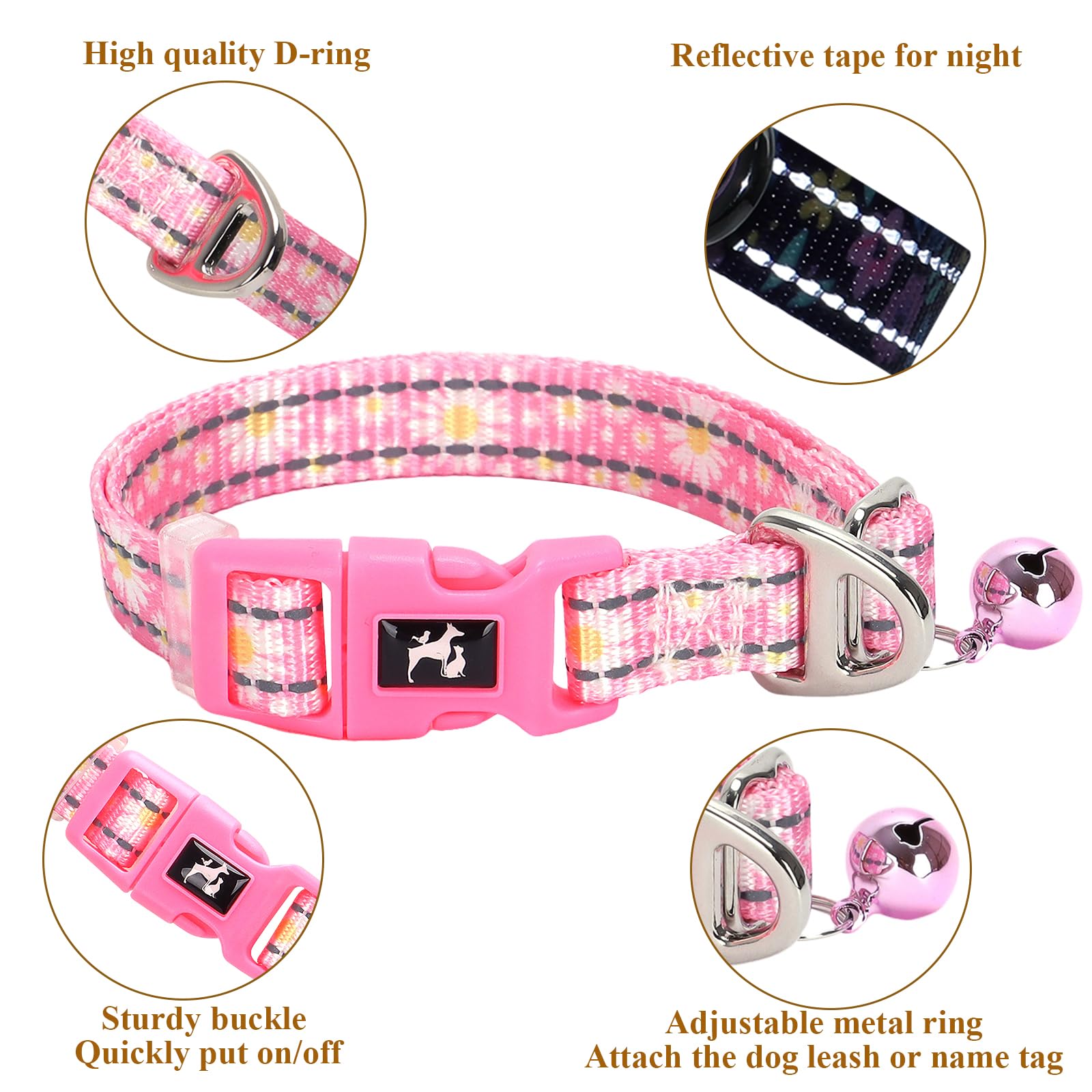 Daisy Reflective Nylon Puppy Collar With Bell - Adjustable Xxs/Xs Small Dog Collar For Chihuahua, Pomeranian, Yorkie - Lightweig