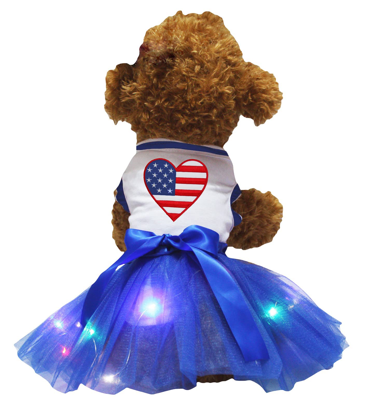 Petitebella Usa Heart Puppy Dog Dress (White/Blue Led, Large)
