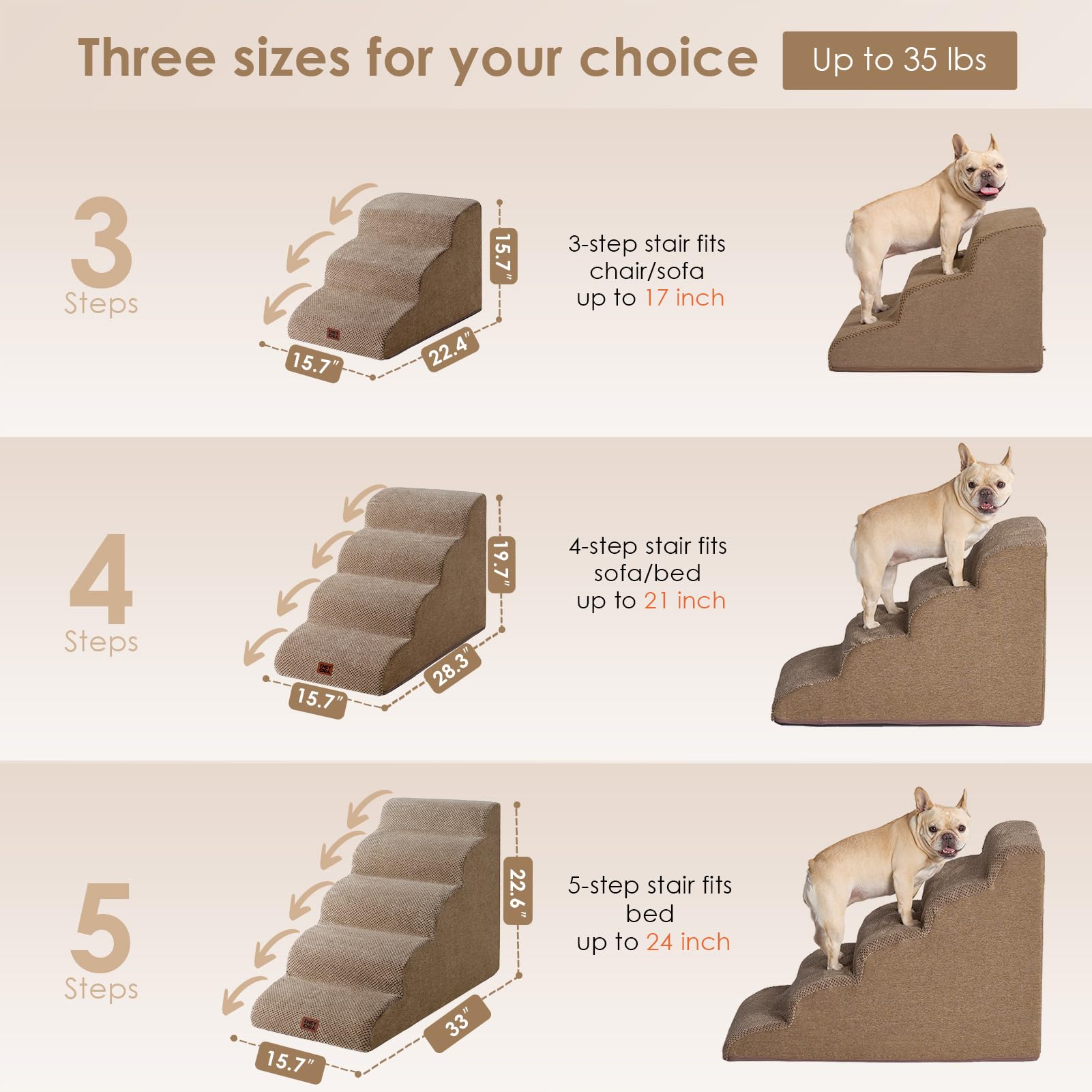 EHEYCIGA Curved Dog Stairs Ramp - 5-Step Pet Steps for High Beds, Non-Slip, Camel Color, Model ECUS23PPT10FB25FI