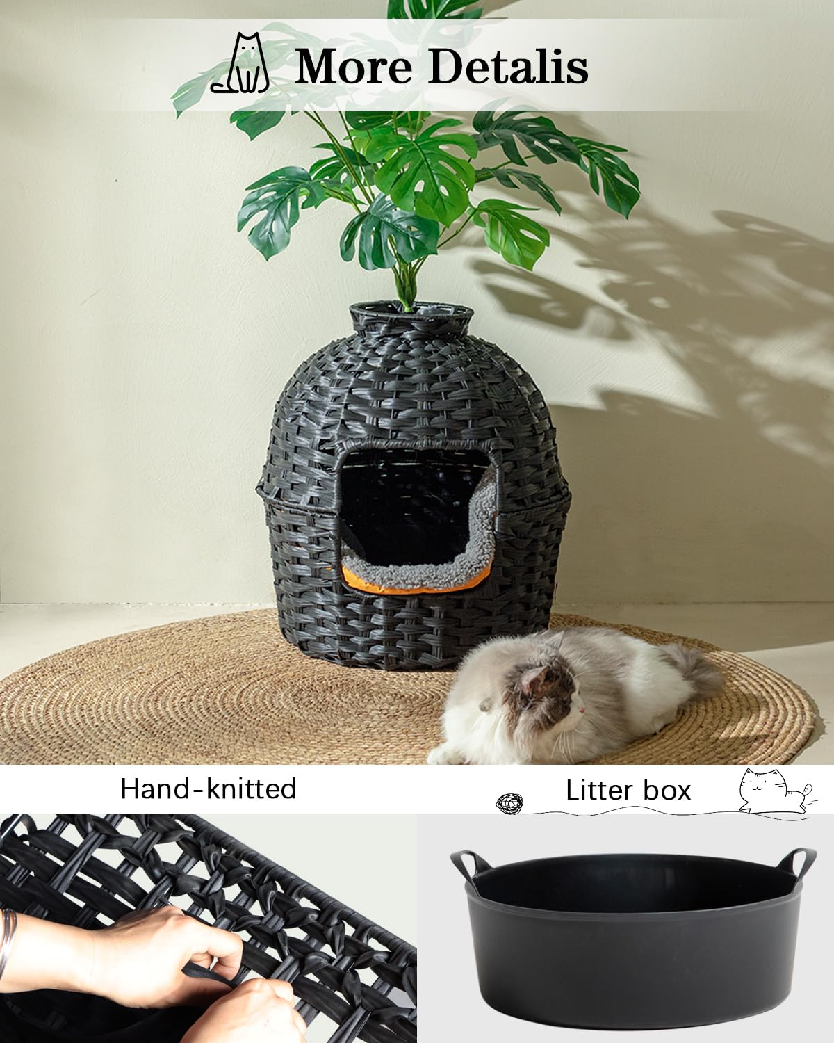 SETVSON Cat Litter Box Plant Furniture Enclosure, Black Handwoven Rattan with Odor Control, Fits Living Room & Bedroom