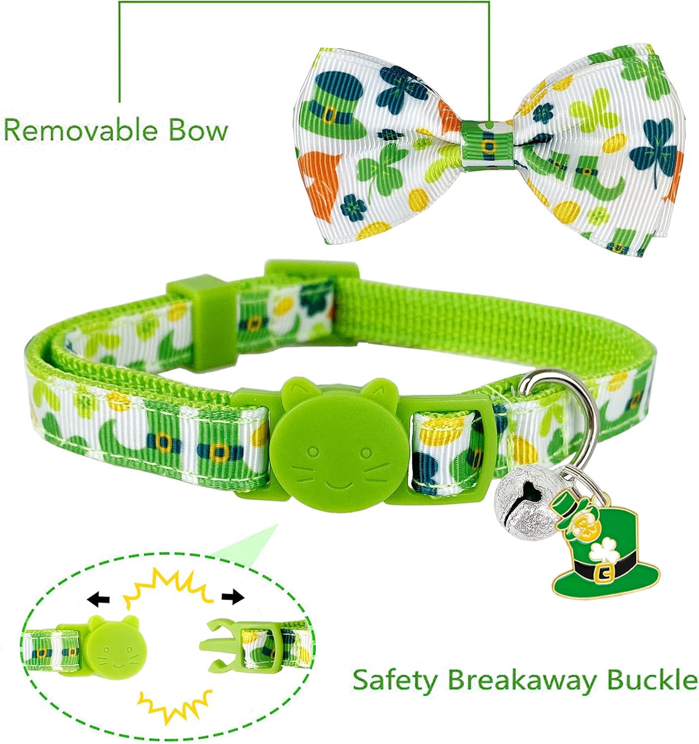 St. Patrick'S Day Cat Collar With Bow Tie And Bell, Adjustable Breakaway Shamrock And Rainbow Kitty Collar, Holiday Accessories