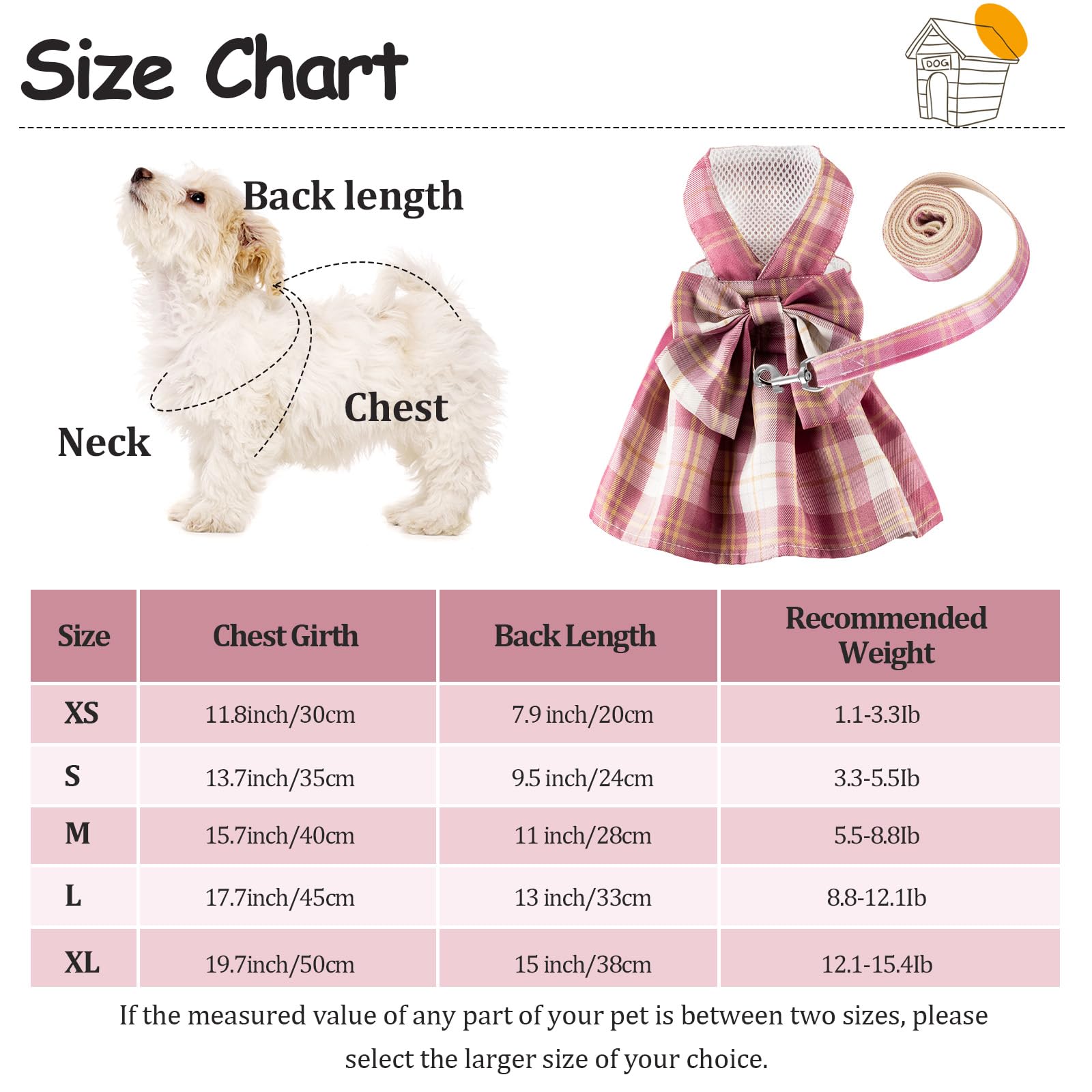 Potchen 4 Pcs Plaid Dog Dress Bow Tie Harness Leash Set Harness Dress For Small Dogs Cute Dog Pet Girl Puppy Summer Clothes For Female Summer Bunny Rabbit Clothes Yorkie Chihuahua Training Walking (S)