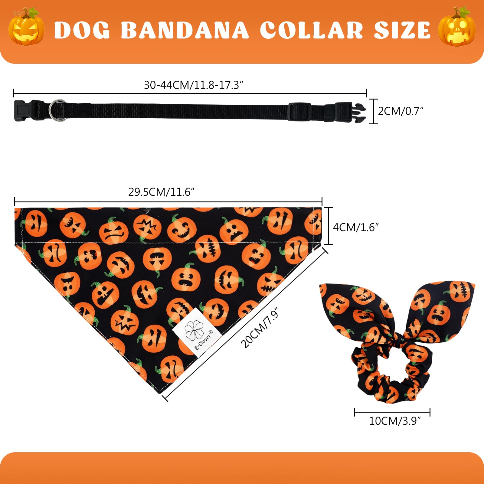 E-Clover Halloween Dog Collar - Pumpkin Dog Collar Bandana & Matching Scrunchie Adjustable Dog Collars Girl Boy For Small Medium