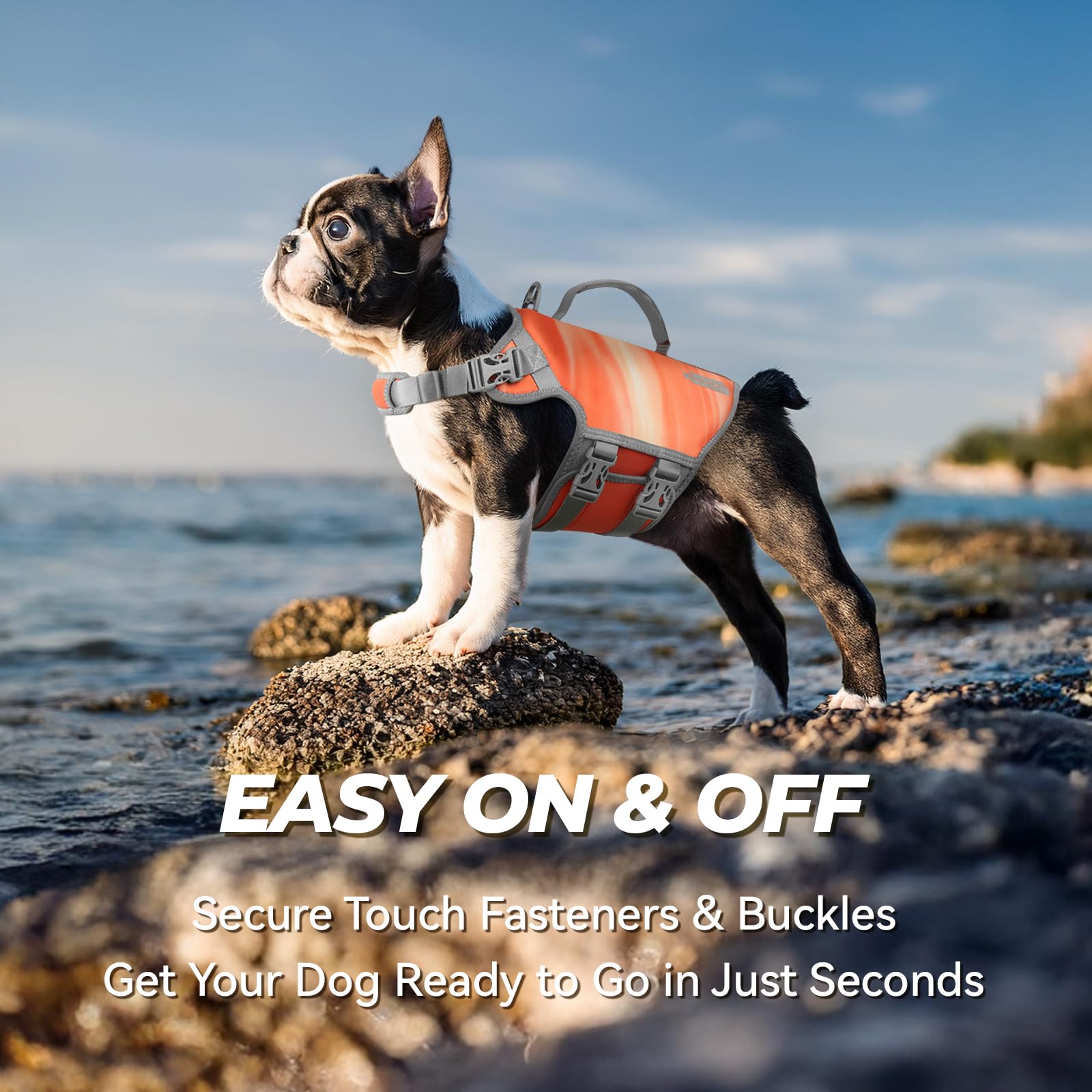 Vivaglory Neoprene Dog Life Jacket Dog Water Vest For Boating Hunting & Swimming, Lightweight With Leash Ring, M, Orange Sunset
