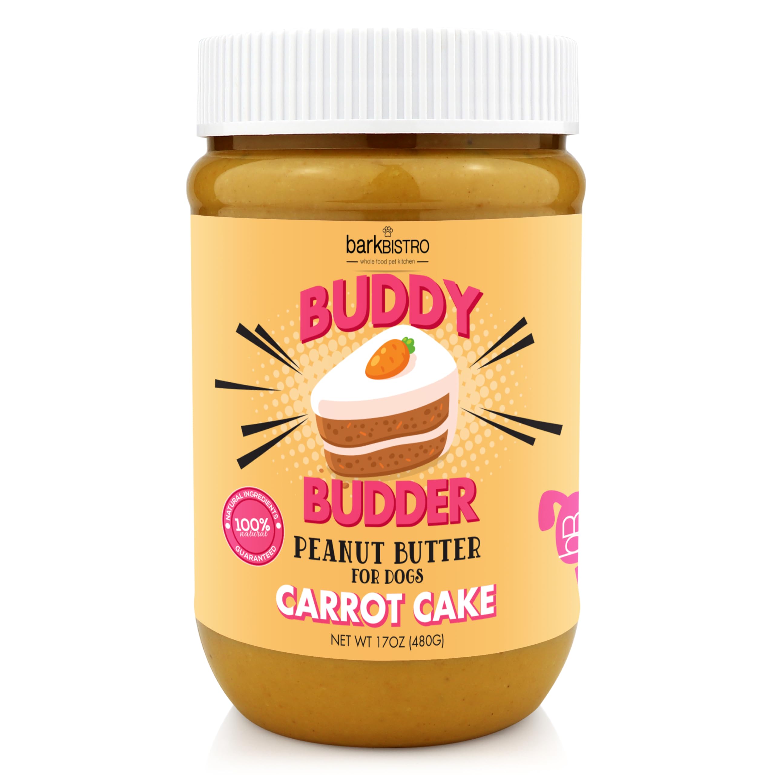 BUDDY BUDDER Carrot Cake, 100% Natural Healthy Peanut Butter Dog Treats, Stuff in Toy, Dog Pill Pocket, Made in USA, (17 oz Jars