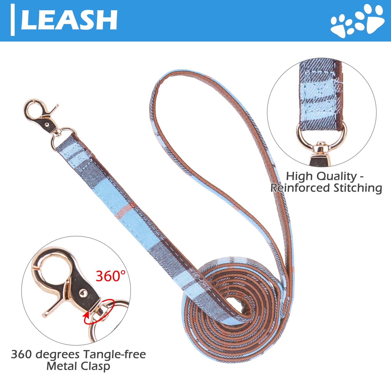 Expawlorer Dog Collar And Leash Set - Embroidery Pawprints Plaid Medium Dog Collar And Leash Set, Cute Dog Bandana Collar, Dog C