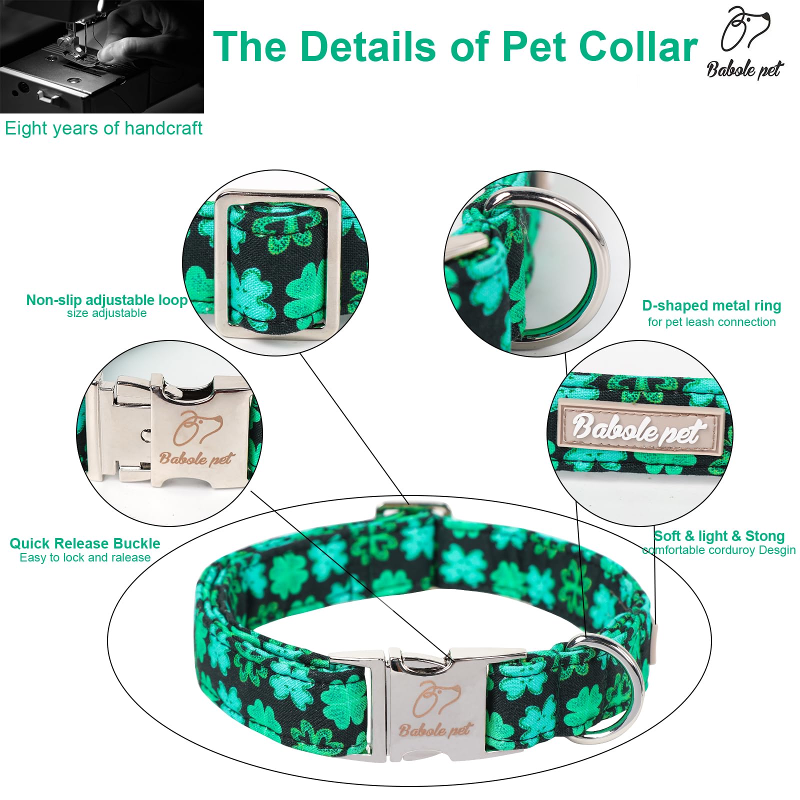 Babole Pet St Patricks Day Dog Collar, Neon Green Shamrock Pet Collar With Metal Buckel, Durable Adjustable Holiday Dog Collars
