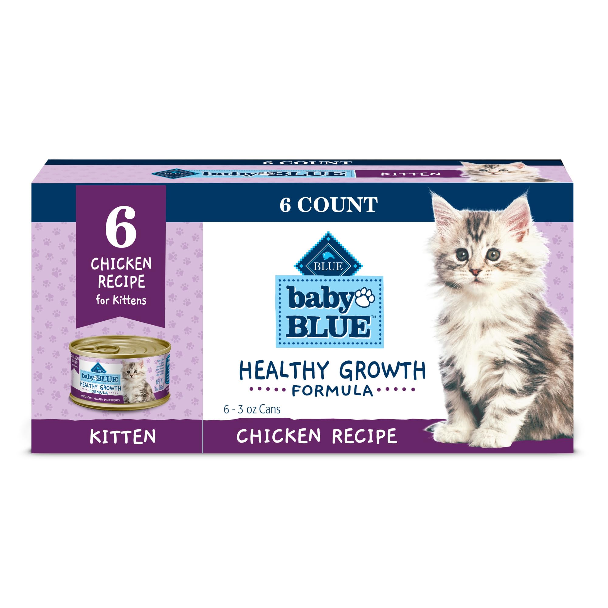 Blue Buffalo Baby BLUE Natural Kitten Wet Cat Food, Healthy Growth Formula with DHA, Chicken Recipe Multi-Pack, 3-oz. Cans (6 Co