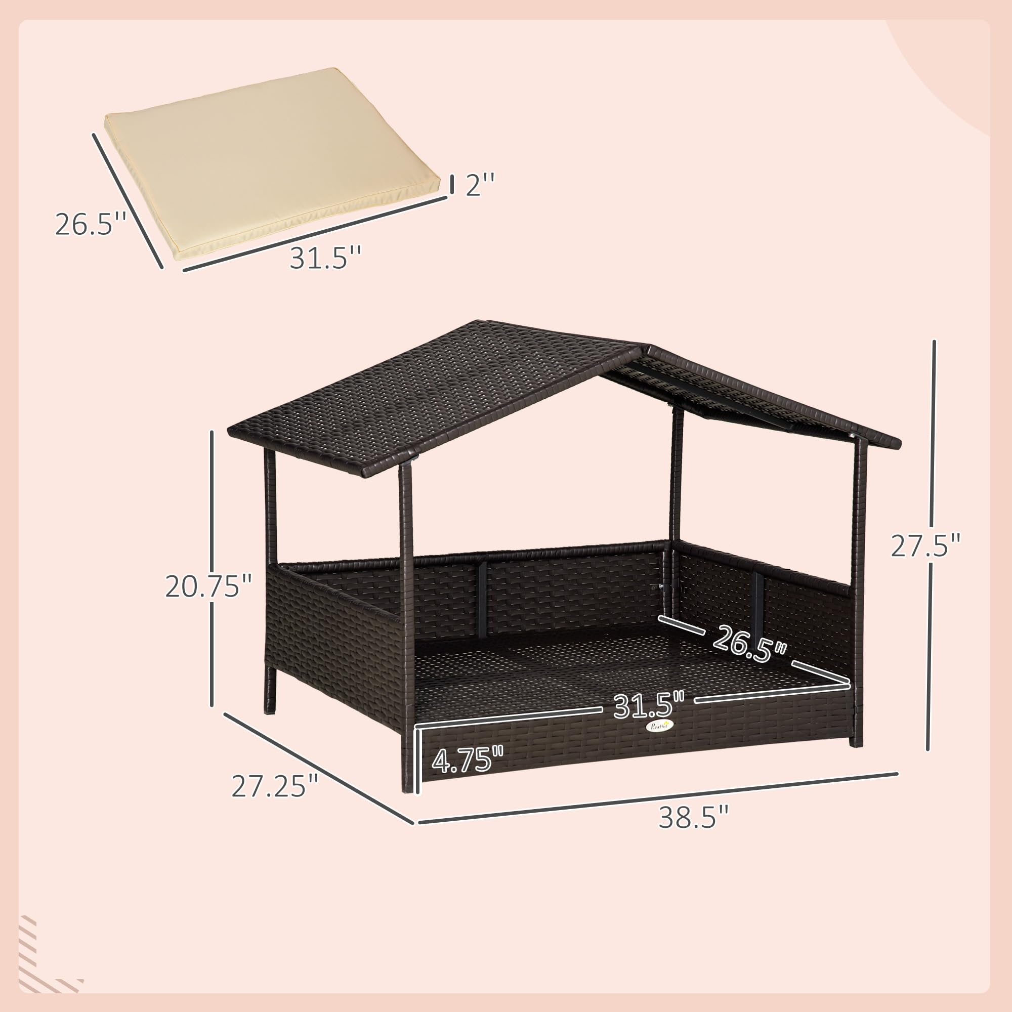 PawHut Wicker Dog House Outdoor with Canopy, Rattan Dog Bed with Water-Resistant Cushion, for Small and Medium Dogs, Cream