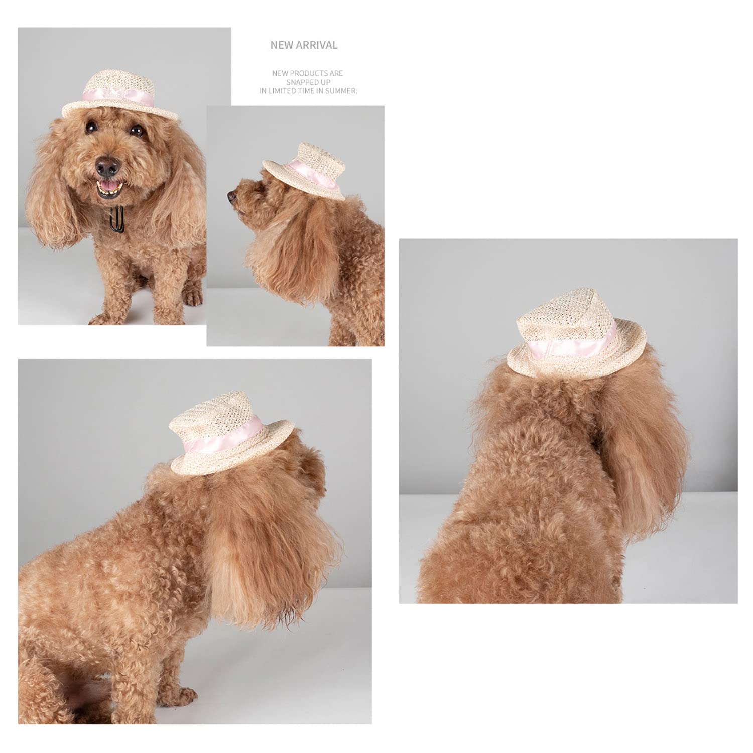 Harikaji Dog Top Hat,Pet Round Straw Hat,Dog Visor Mesh Sun Cap,Bucket Cap For Small Medium Large Dog Cats Rabbits(White,S)