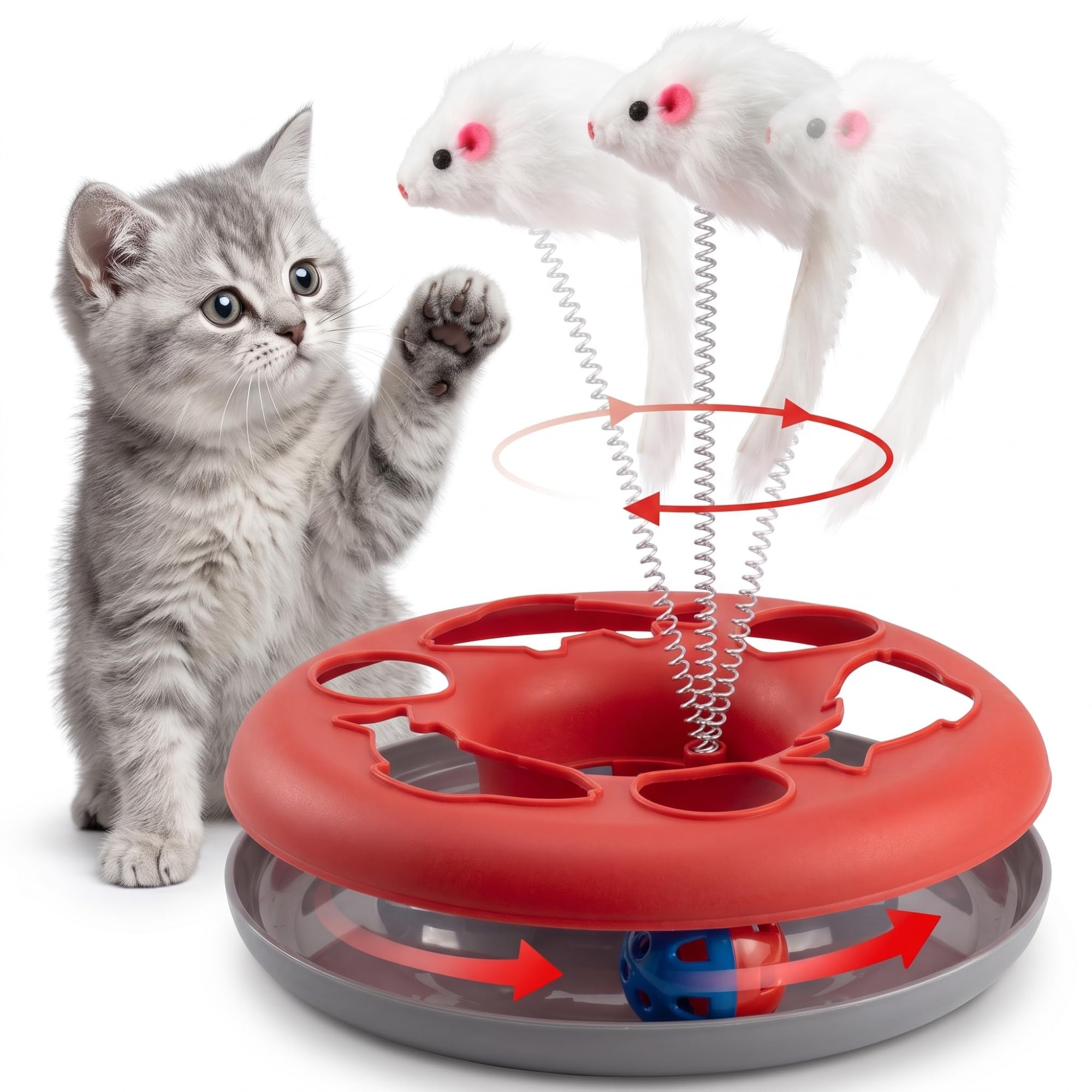 Fab Tech Interactive Cat Toy With Moving Ball & Spring Mouse  2In1 Circle Track Play Toy For Indoor Cats & Kittens  Durable,
