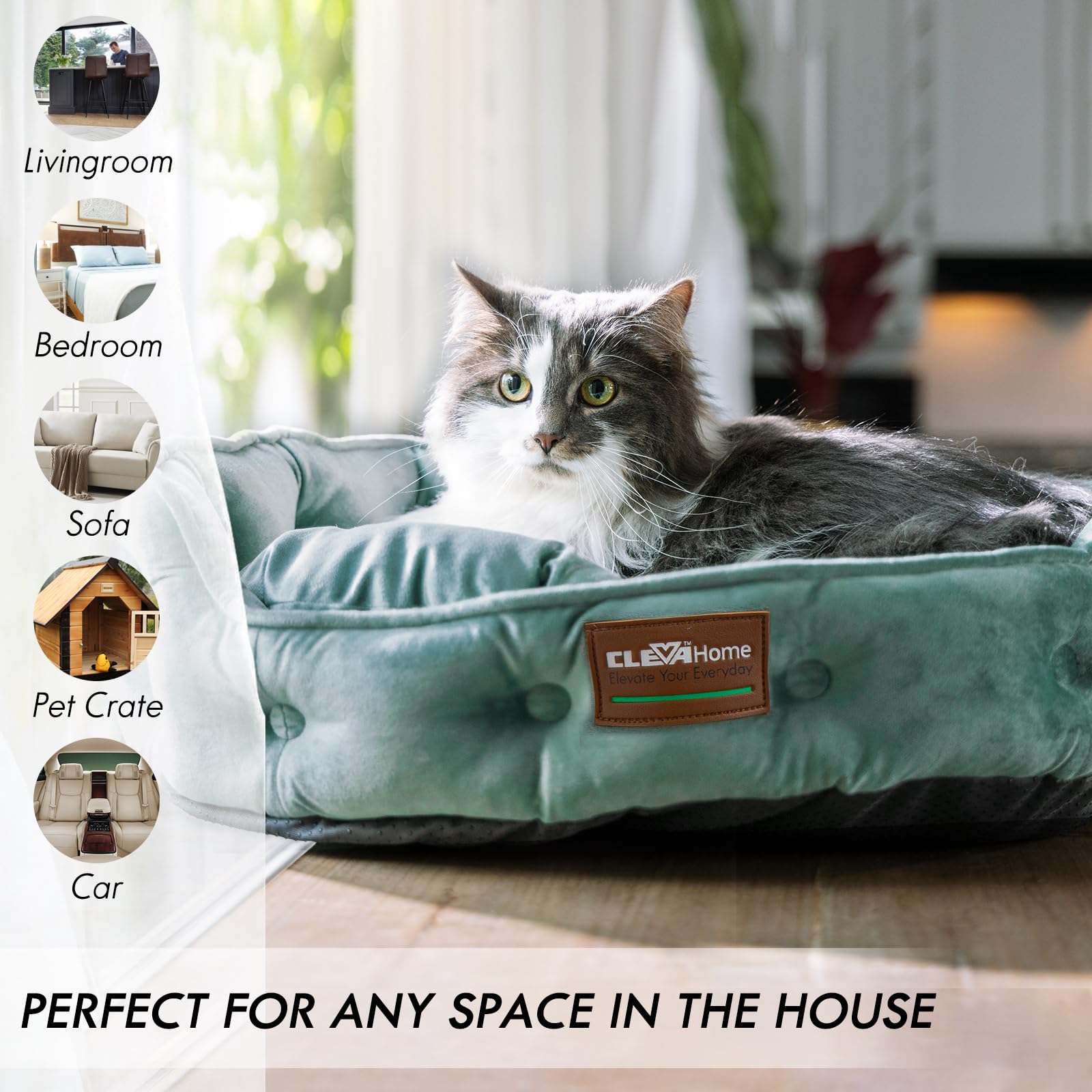 ClevaHome Cat Dog Bed - Round Indoor Bed for Small Pets, 20"L x 19"W, Washed Green, Machine Washable, Non-Slip Bottom, Model M-CBS-BHL