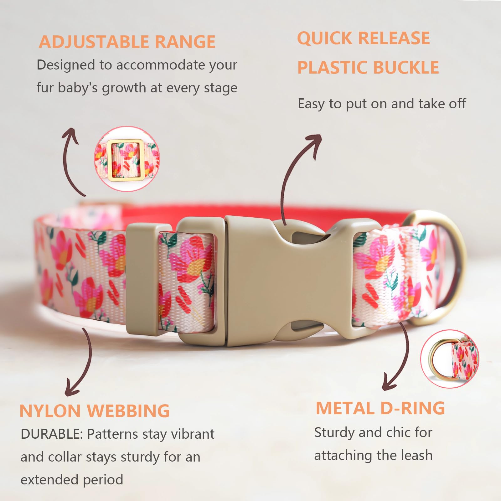 Yudote Designer Dog Collar In Floral Pattern Cute Dog Collars For Small Medium Large Dogs And Puppy (Pink Rose,L)