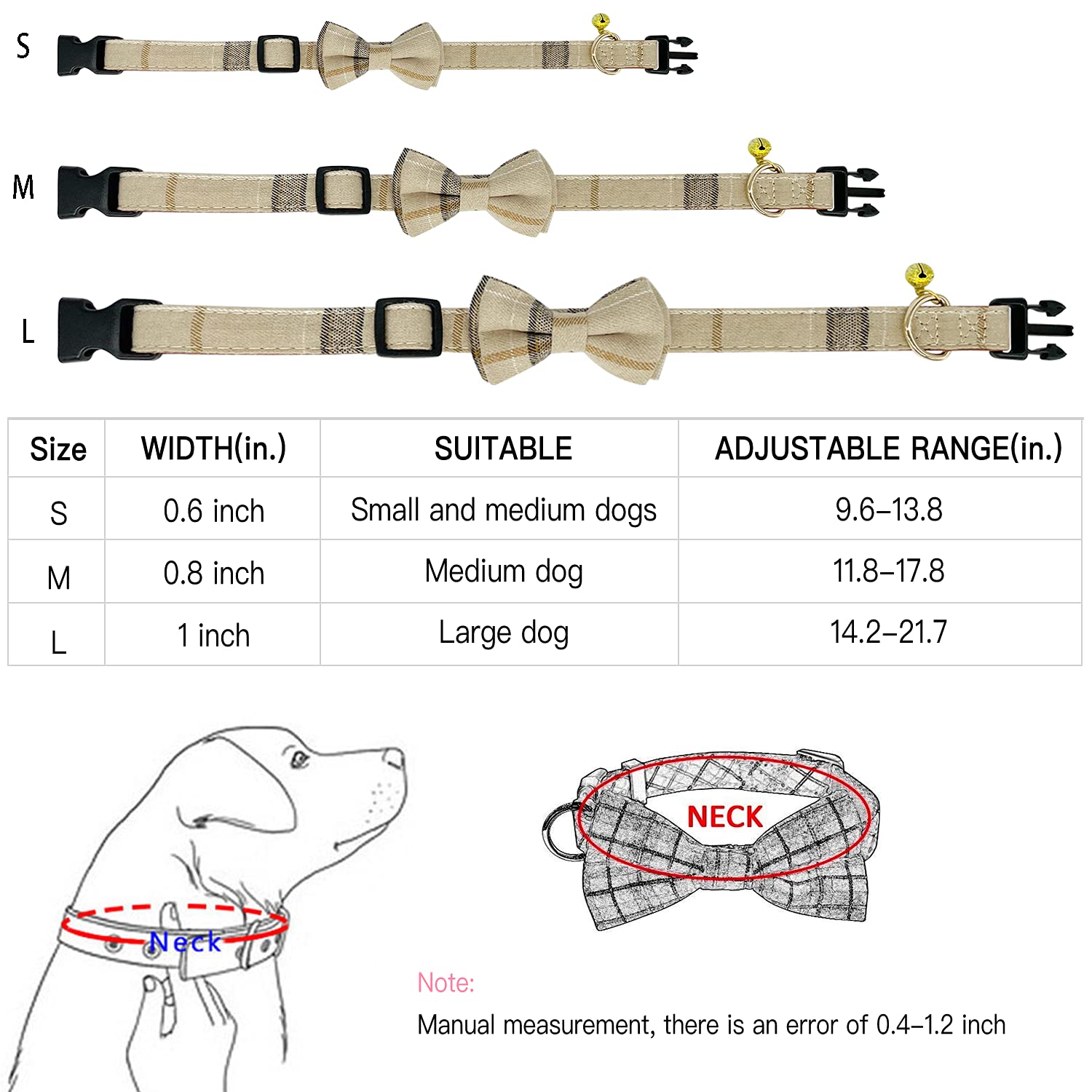 Kudes 2 Pack/Set Dog Collars With Bow Tie And Bells, Adjustable Cute Dog Bow Ties Collar For Small/Medium/Large Boys And Girls Pets (Beige & Brown, M(11.8''-17.8''))