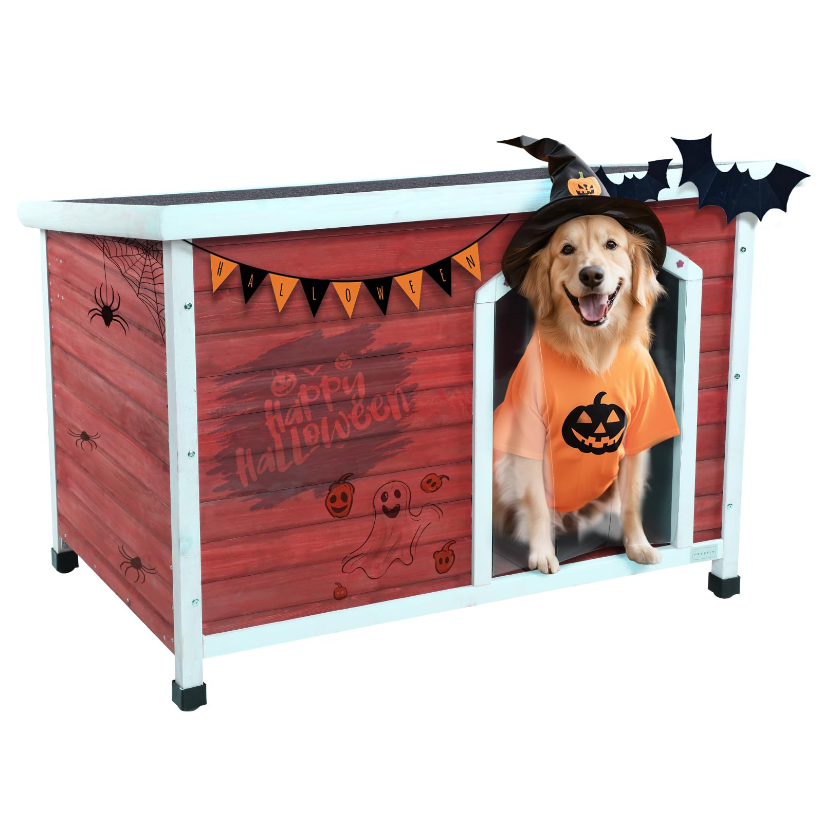 Petsfit Extra Large Dog House, Outdoor Wooden Dog House For Large Dogs, Red, 45.6'L X 31'W X 32'H