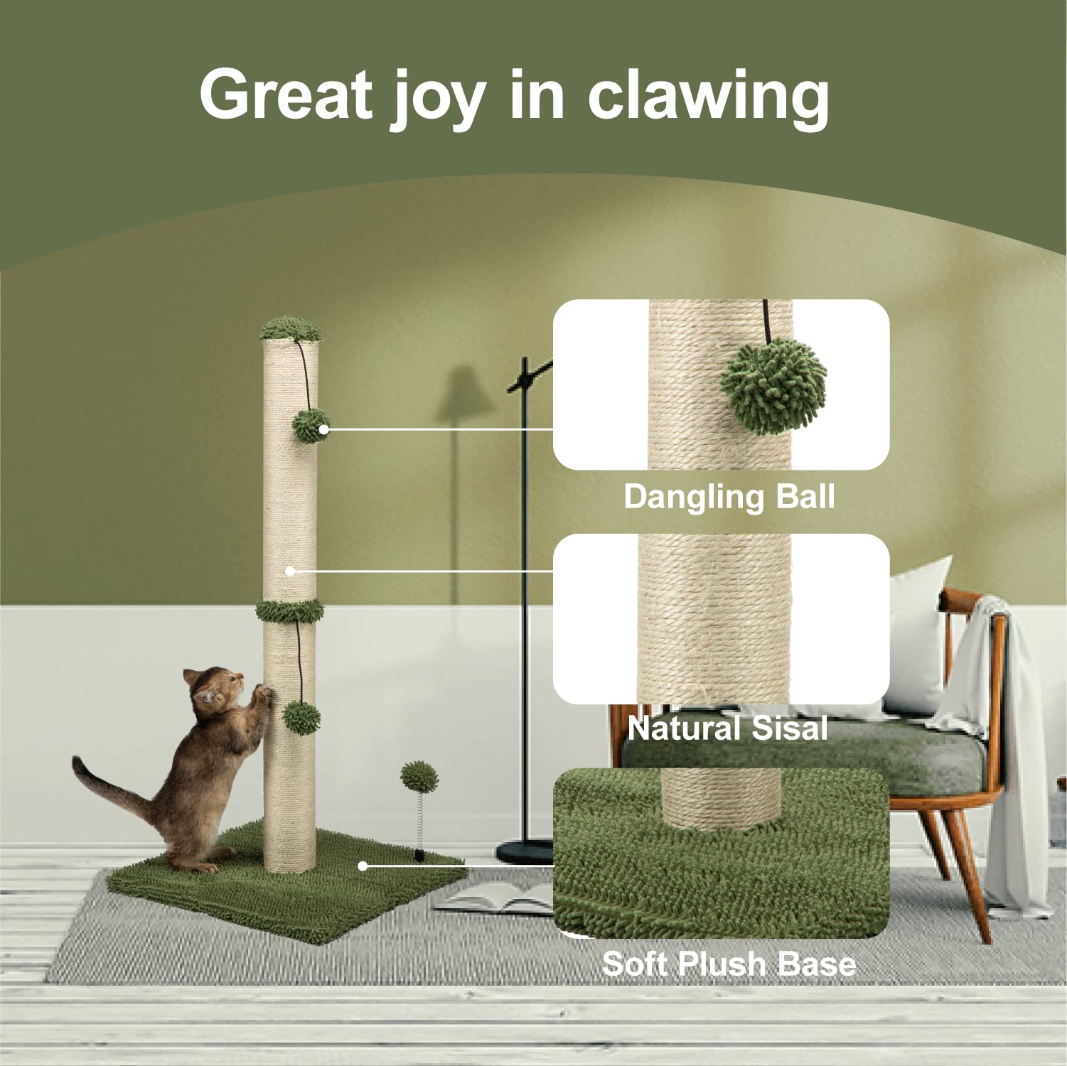 Mecool 34“ Tall Cat Scratching Post Premium Basics Kitten Scratcher Sisal Scratch Posts Trees With Hanging Ball For Indoor Cats (34 Inches For Adult Cats, Cactus Green)