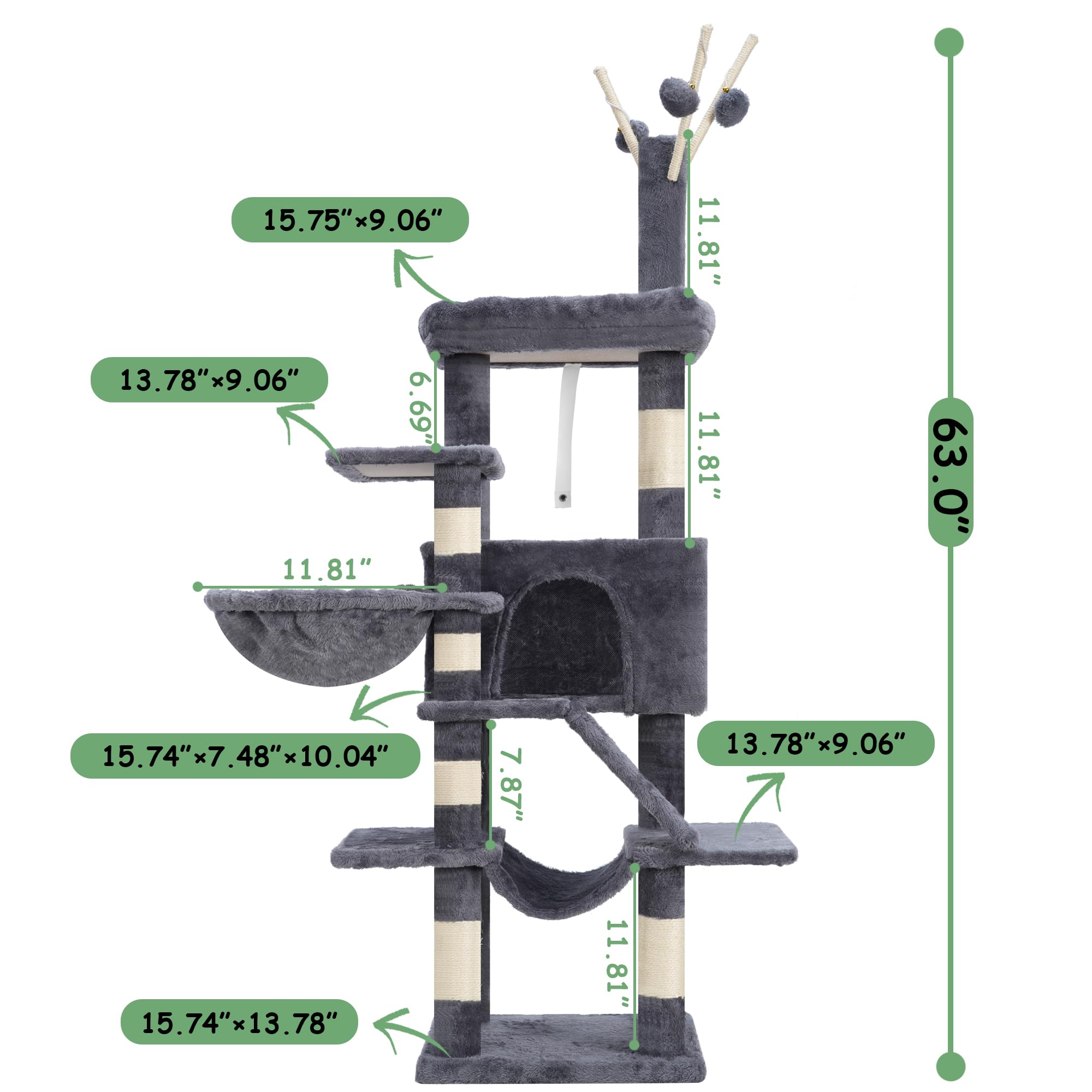 Gitelsnour Cat Tree - Multi-Level Cat Tower with Scratching Post, Hammock, 63" Engineered Wood, Smoky Gray, Model GCT011G