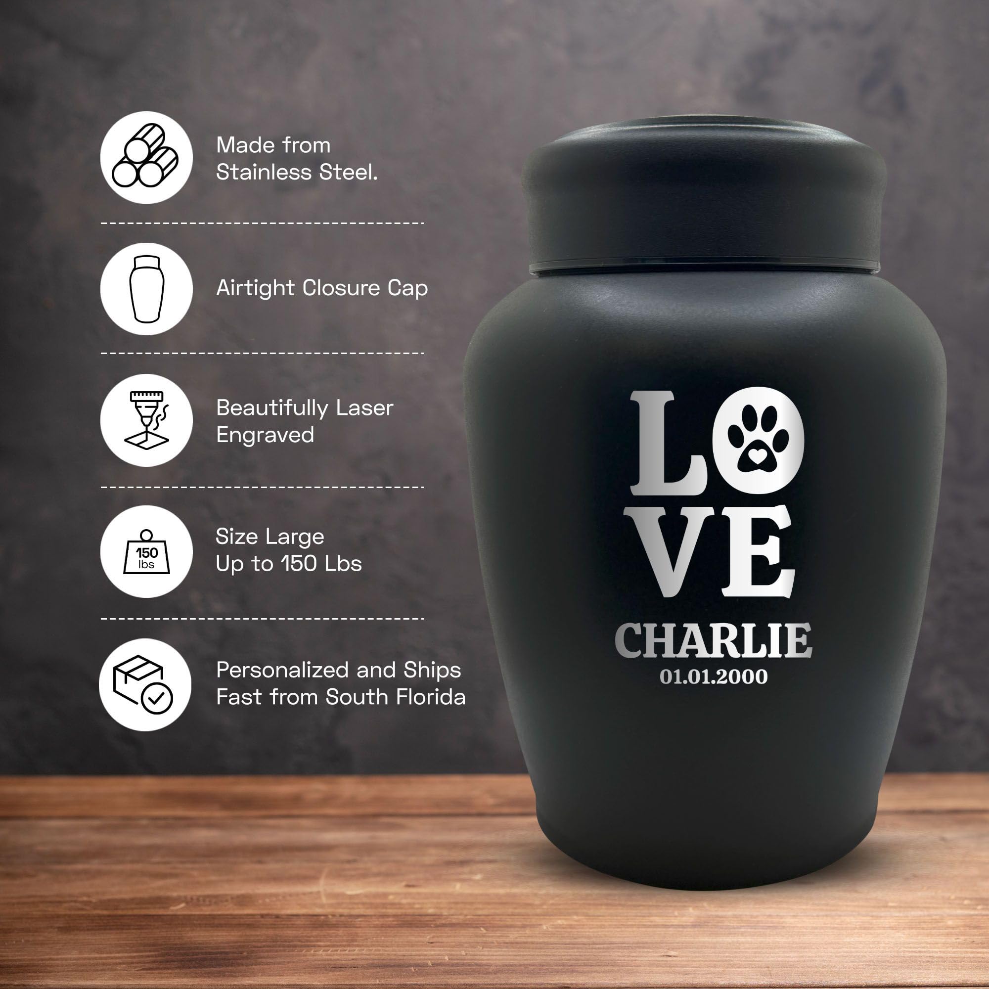 Custom Engraved Dog Urn With Name And Date - Stainless Steel Large Cremation Urns For Dogs Ashes With Airtight Closure | Up To 1