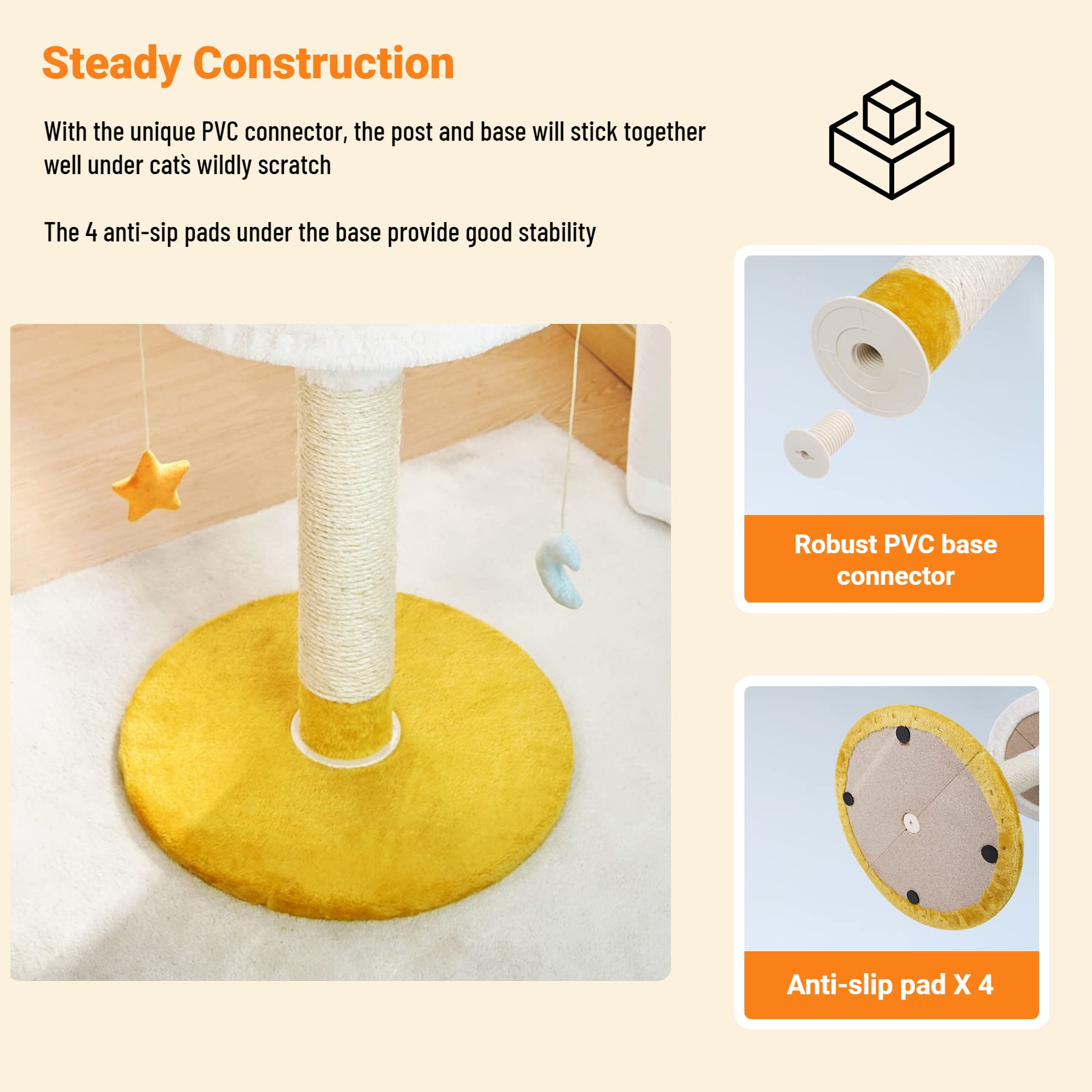 Happi N Pets Large Cloud Cat Scratching Post & Bed, 28" White Sisal Cat Tree with Soft Perch & Balls, Model DB10