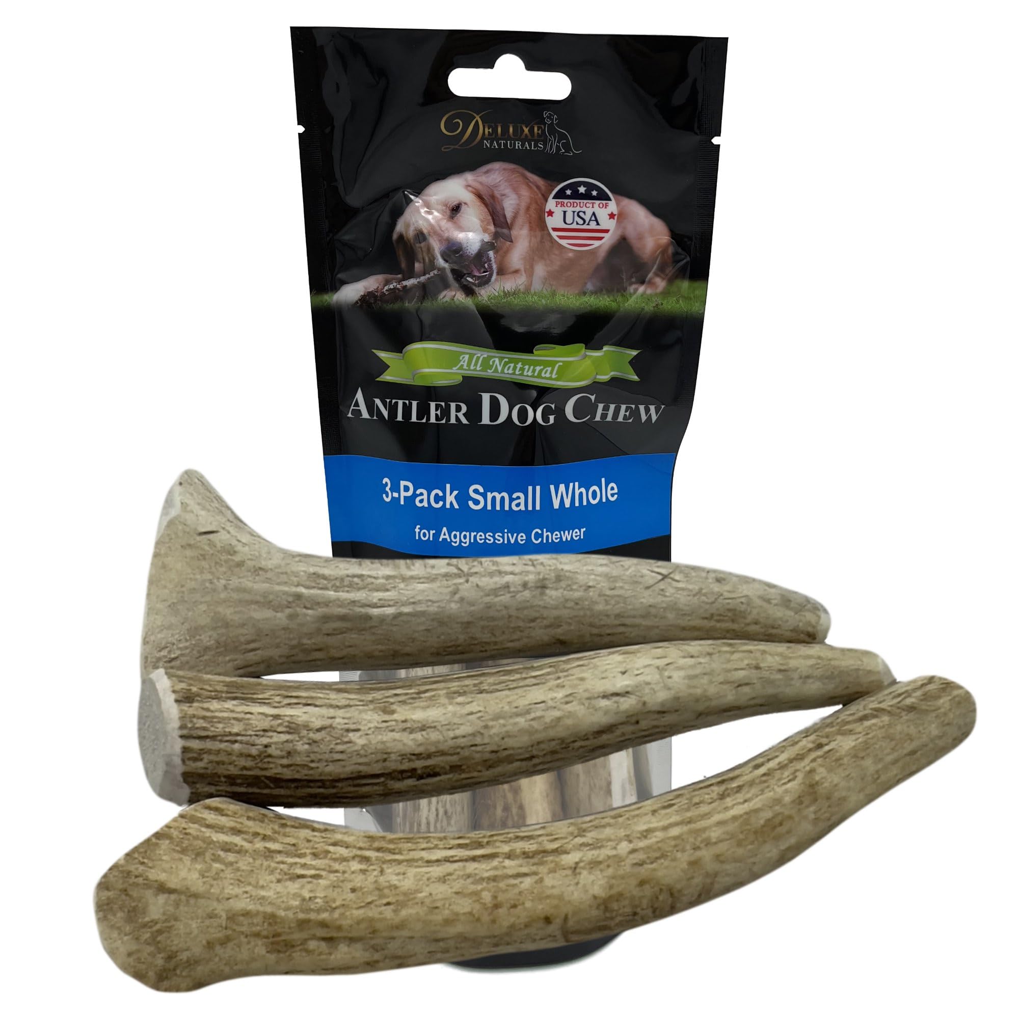 Deluxe Naturals 3-Pack Small Whole Elk Antler Dog Chews (5-7+ in) - Long Lasting, Natural Dog Chews for Small Dogs Under 20 lbs 