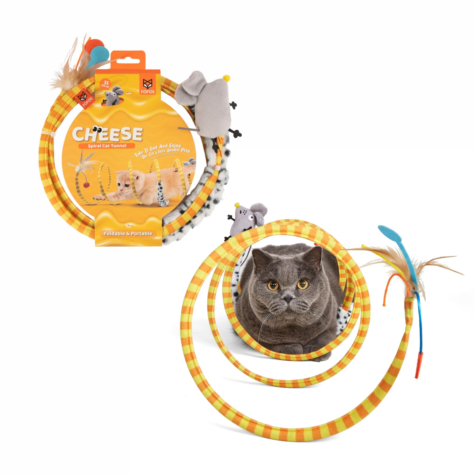 Barkbutler X Fofos Safari Spiral Tunnel  Yellow, With Real Feathers And Mouse Toy, Us Grade Catnip, Portable Design, Cat Access